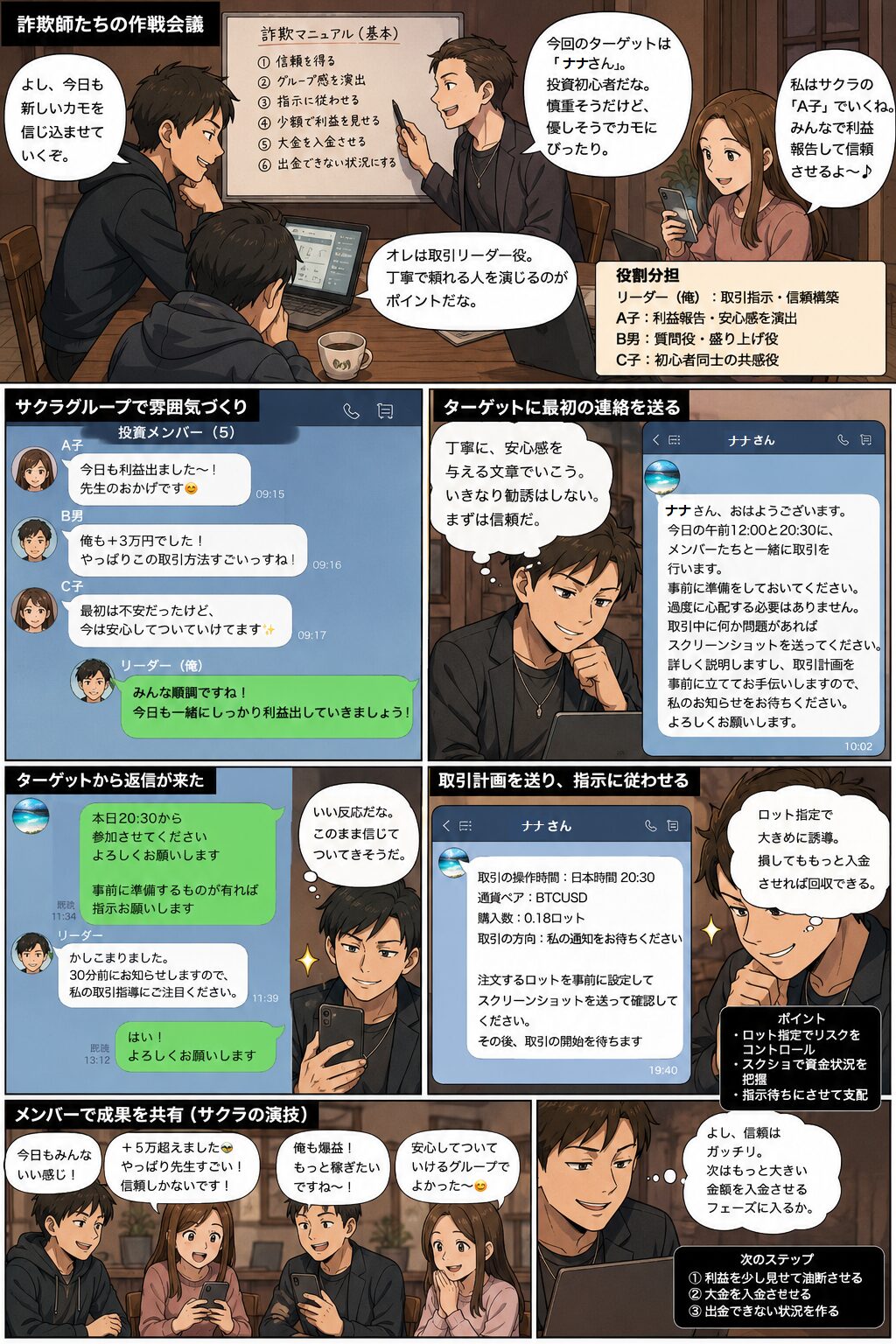 SNS型投資詐欺グループがサクラを使い、被害者にロット数を指定して投資操作を誘導する様子を描いた注意喚起漫画