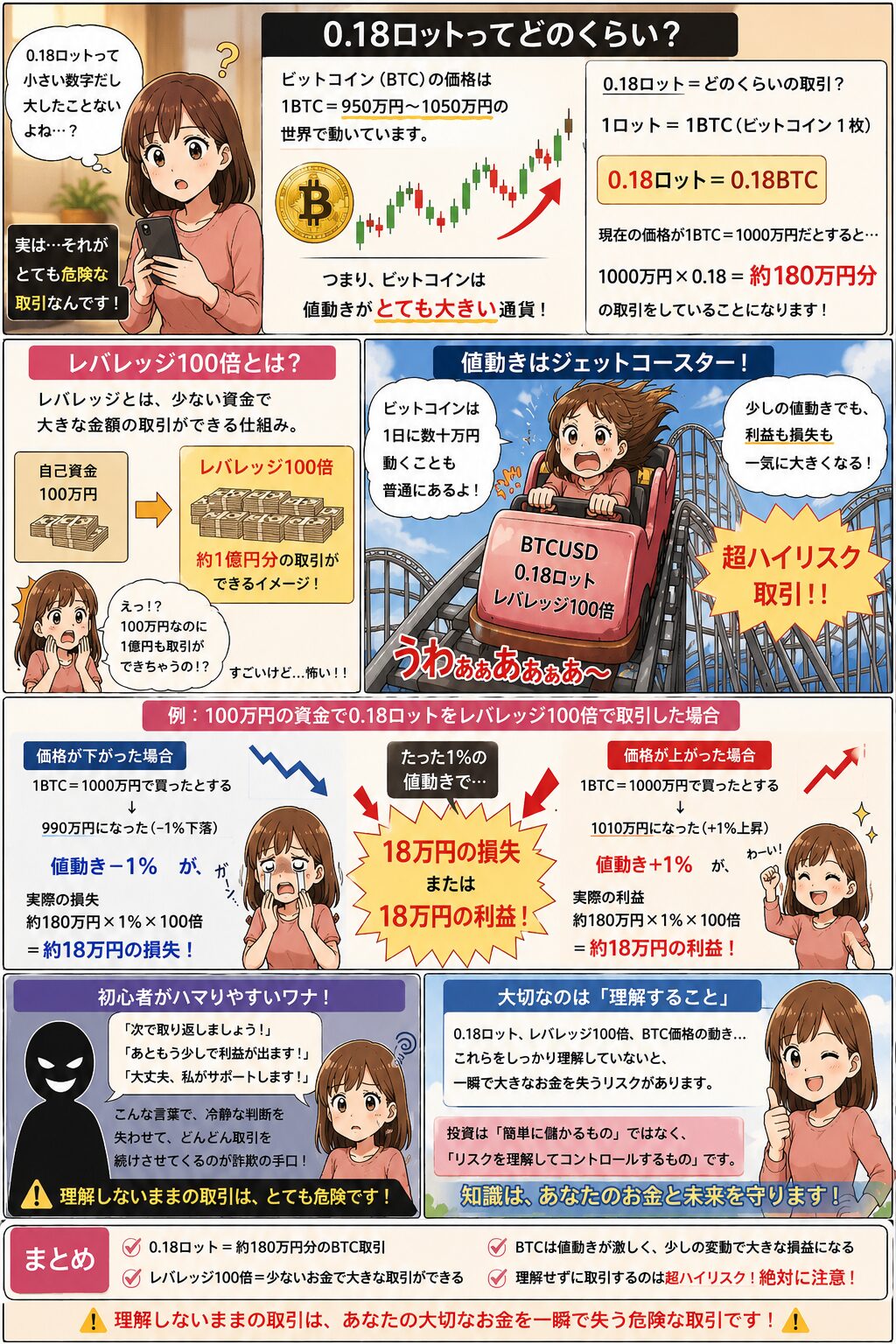 SNS型投資詐欺で使われる0.18ロット取引とレバレッジの危険性を解説した漫画