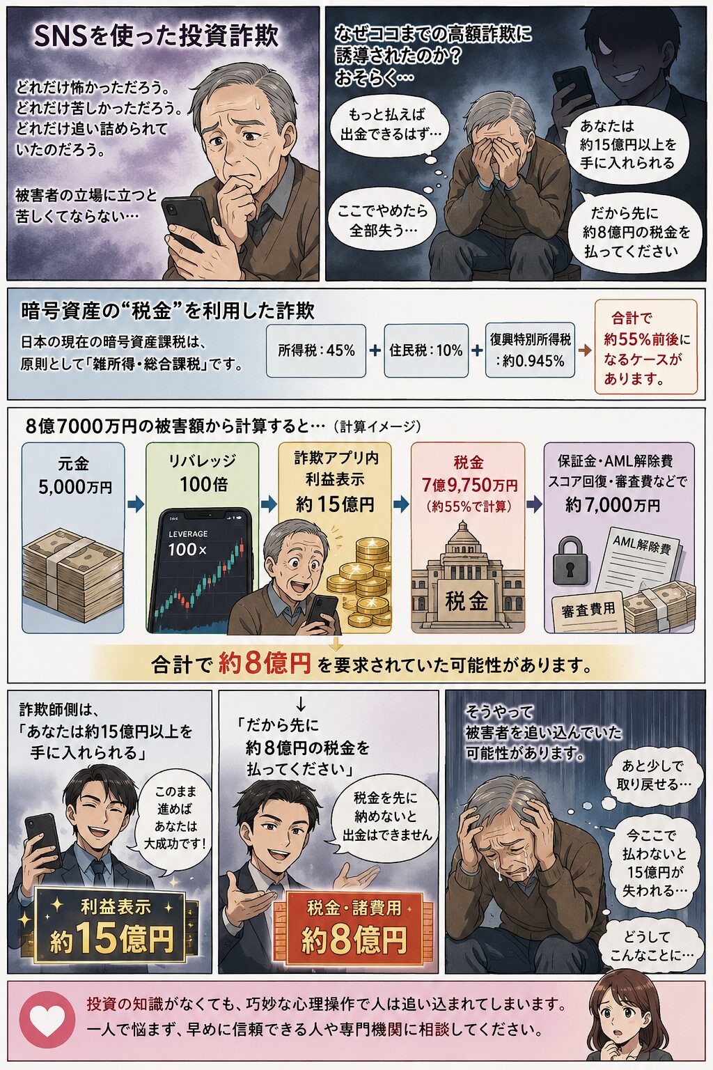 SNS型投資詐欺で高額な税金を要求され追い詰められる被害構造を解説した漫画