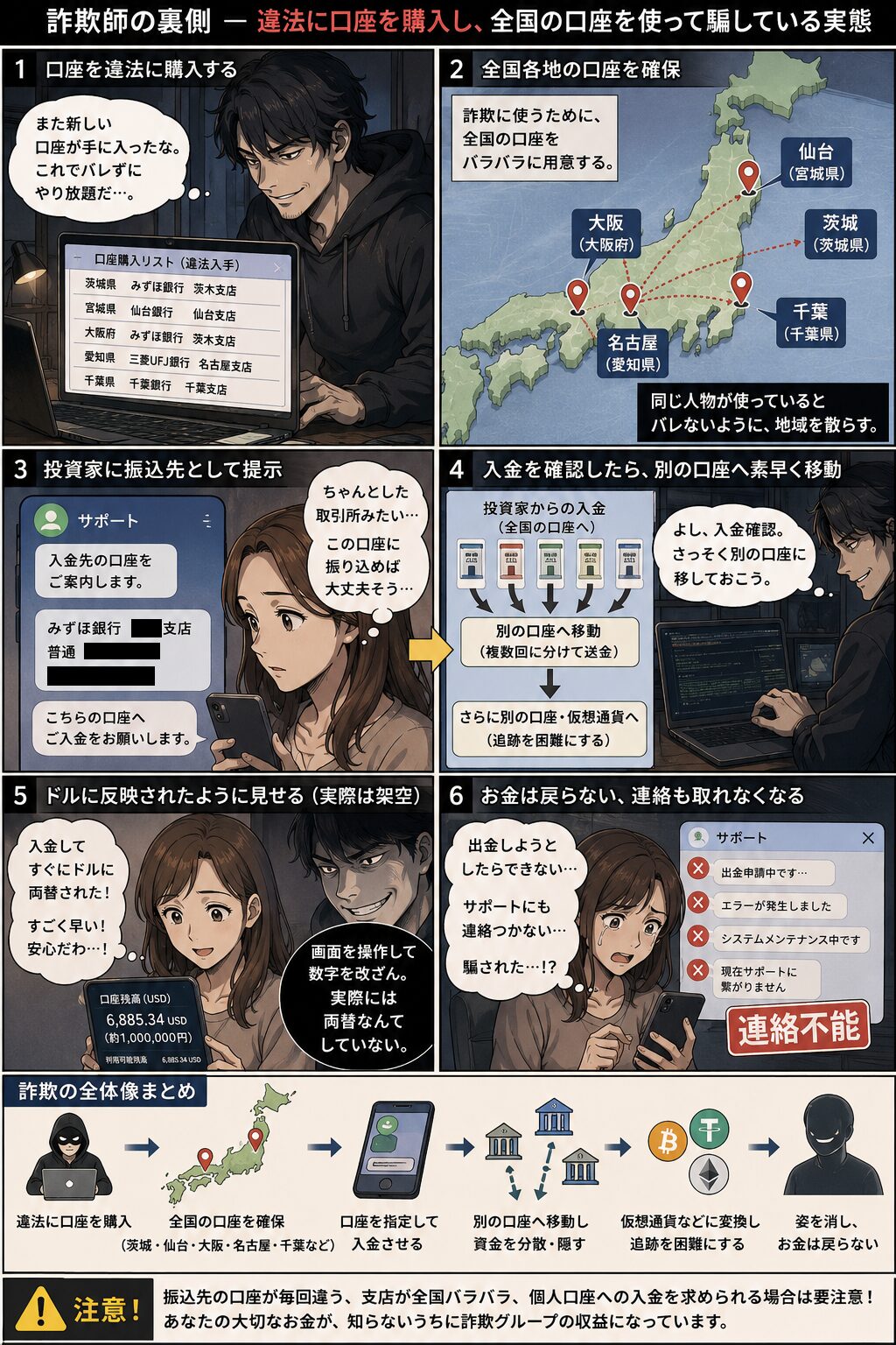 日本各地の支店名を利用しながら詐欺資金を集める流れを説明した漫画。茨城、仙台、大阪、名古屋、千葉など全国に散らばる口座へ振込が行われる様子を描いている