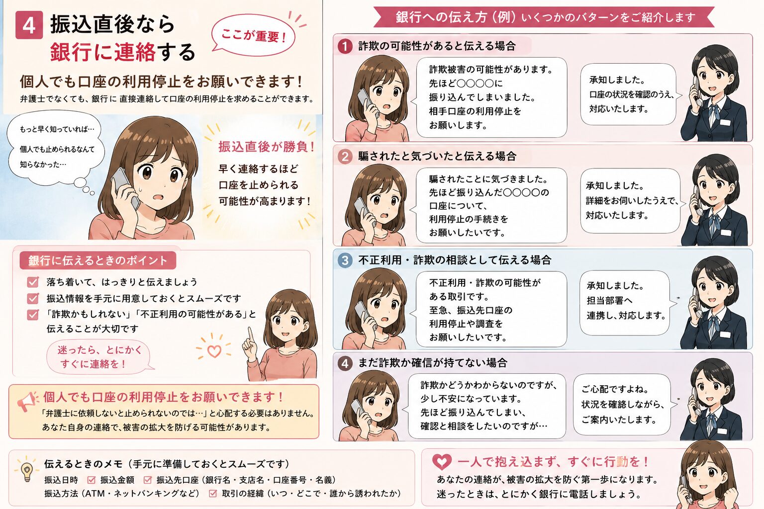 振込直後なら個人でも銀行へ連絡して相手口座の利用停止や調査を相談できること、銀行への伝え方の例やポイントを漫画で分かりやすく紹介した注意喚起イラスト