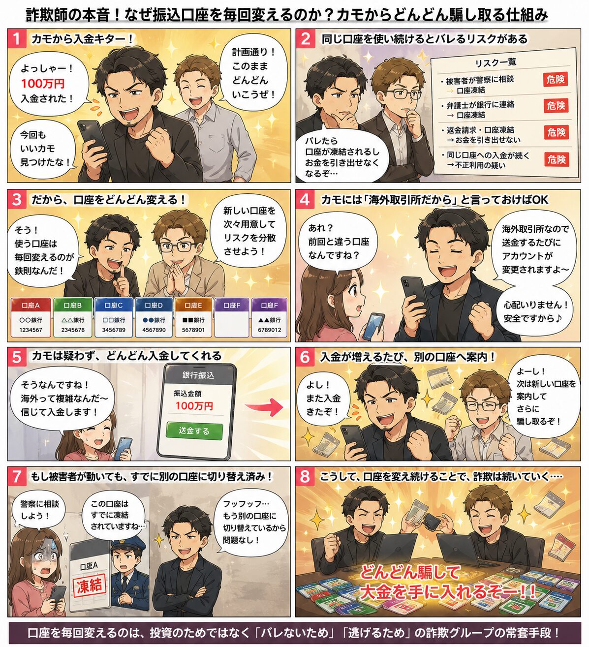 振込先口座を次々変更しながら被害者から送金を受ける詐欺グループの仕組みを解説した注意喚起漫画