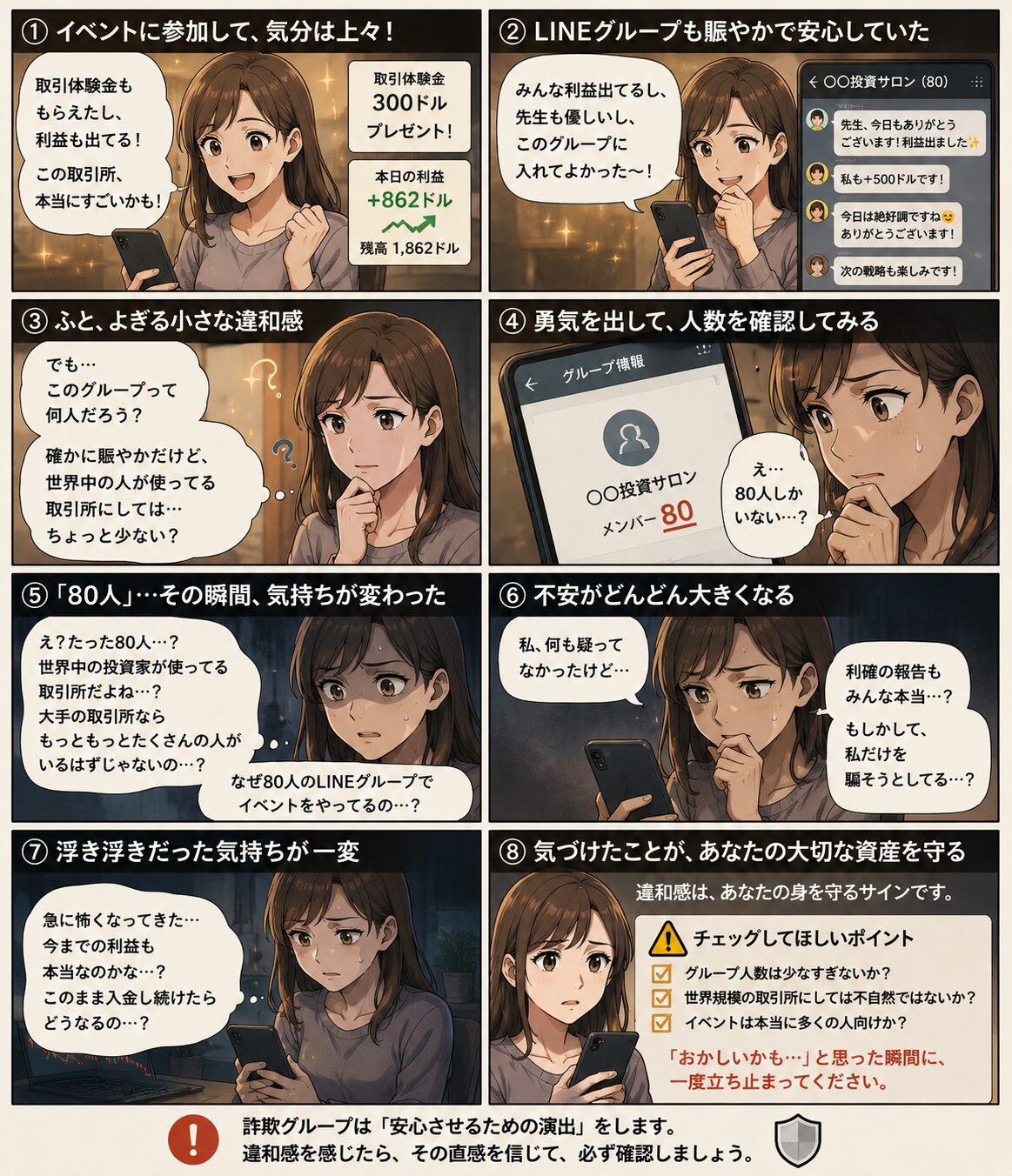 取引体験金イベントに参加して安心していた女性が、LINEグループの参加人数が80人しかいないことに気づき、世界規模を名乗る取引所との違和感から不安を感じ始める様子を描いた投資詐欺注意喚起漫画
