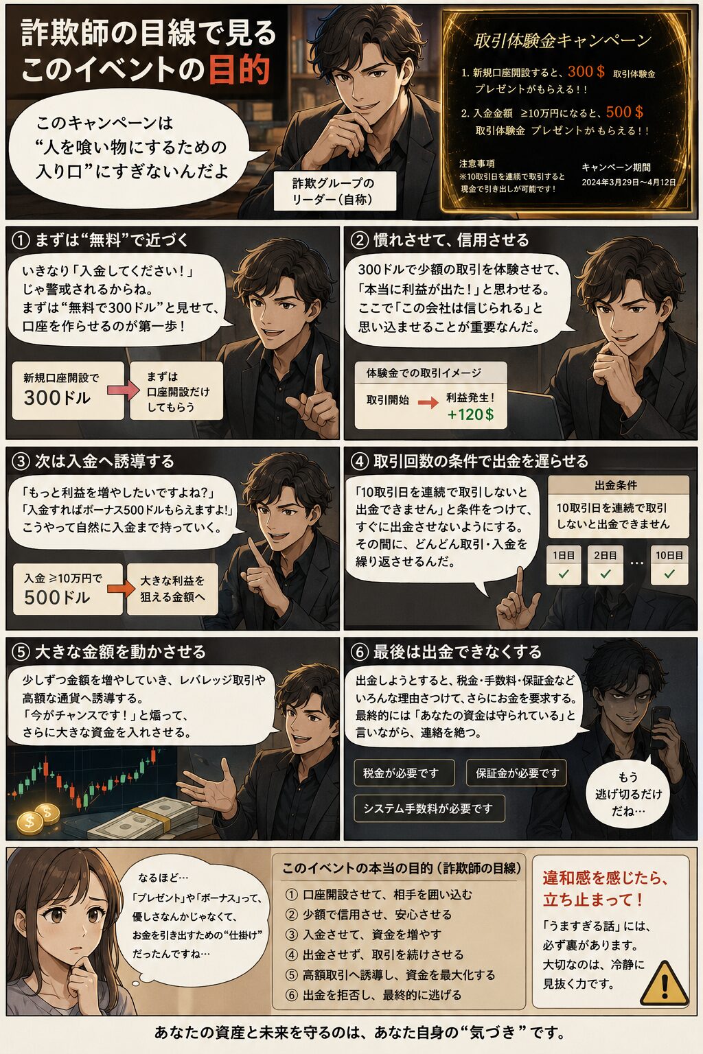 取引体験金キャンペーンから入金、取引、出金拒否までの流れを詐欺師目線で解説した注意喚起漫画。被害者心理と信用構築の手口を表現している。