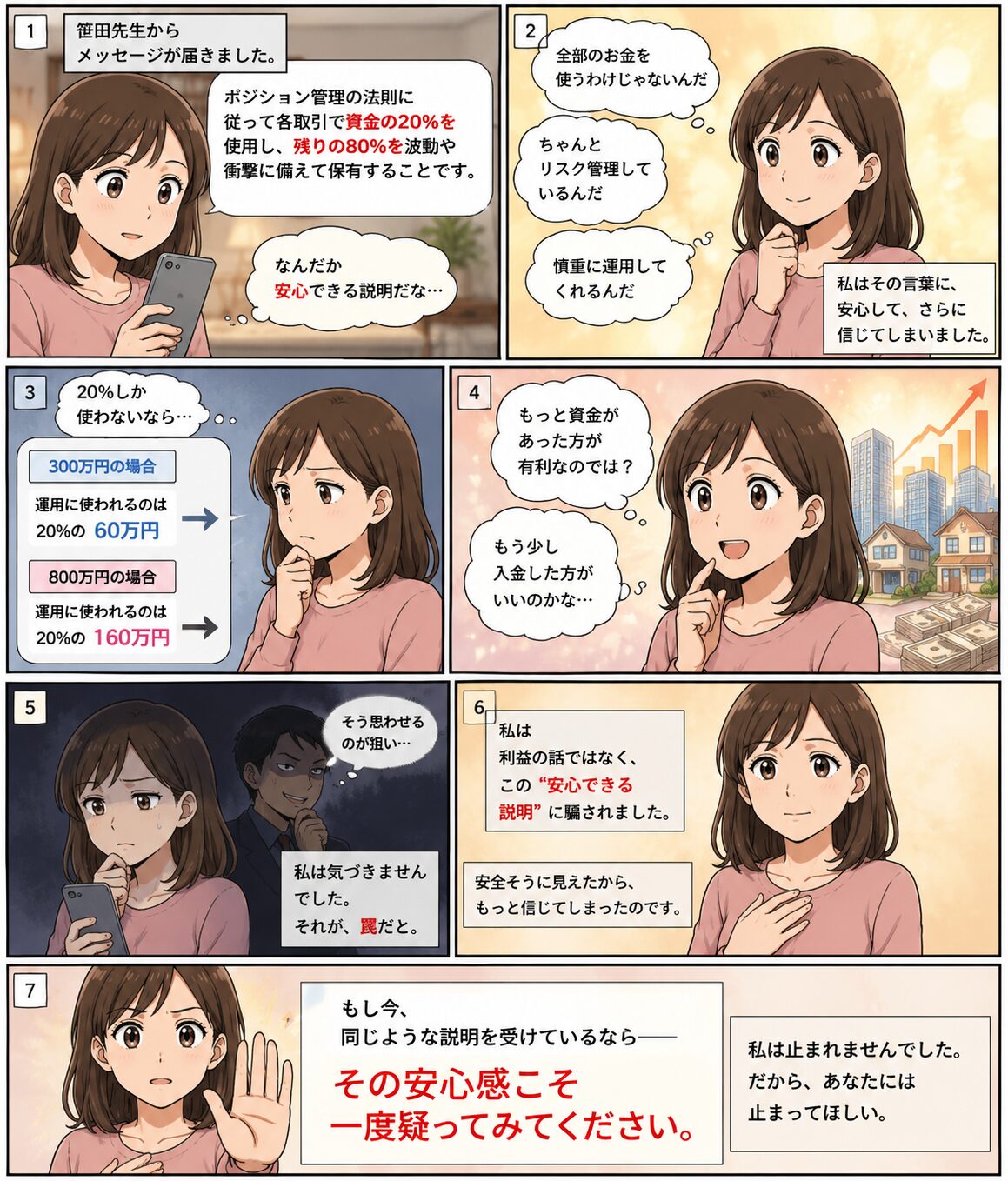 資金の20％だけを使い残り80％を保有するという説明に安心し、もっと資金があった方が有利なのではと考えてしまう被害者心理を描いた注意喚起漫画