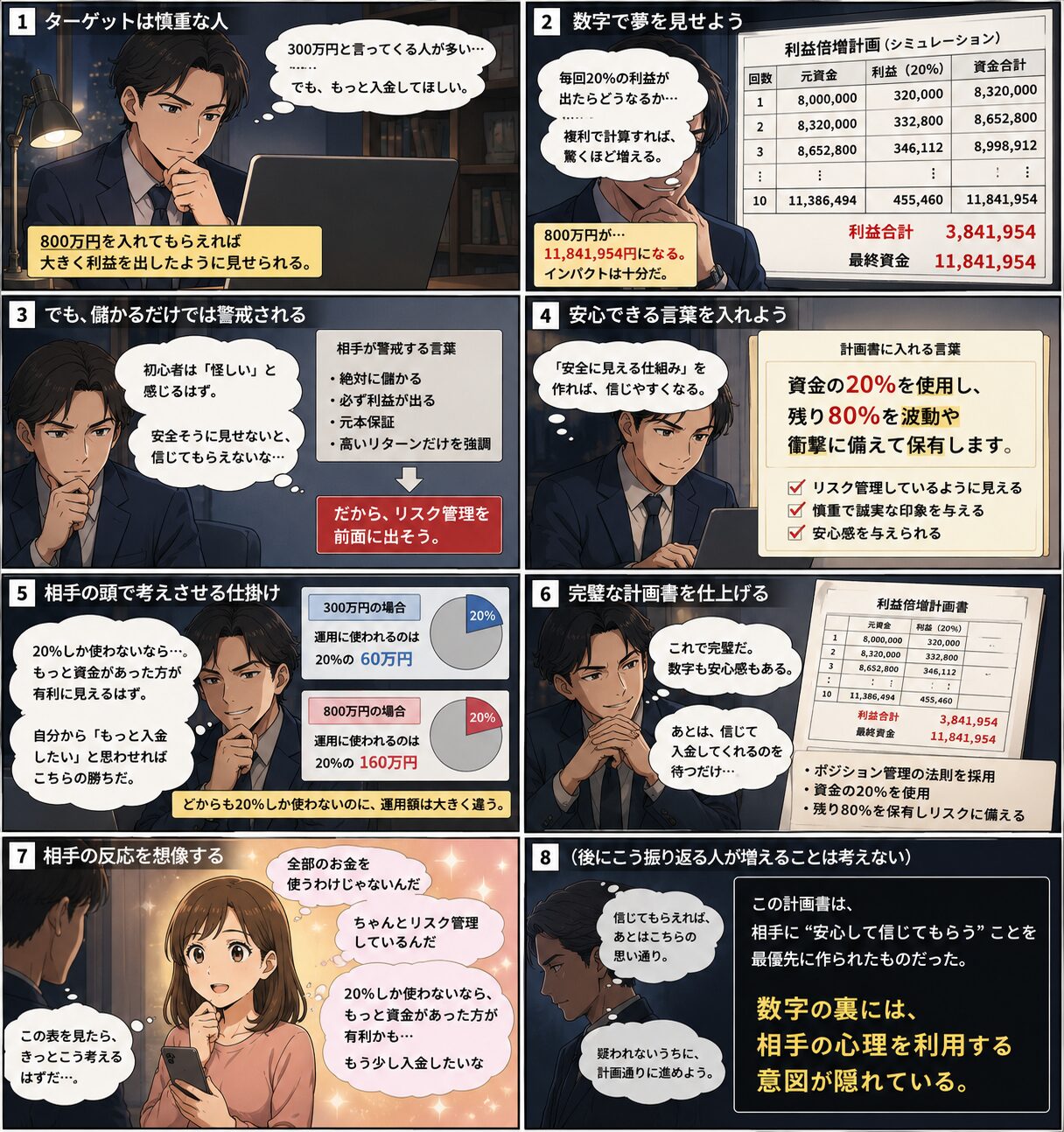 利益倍増計画を作る側の視点から、数字で夢を見せつつリスク管理の言葉で安心感を与える構造を説明した注意喚起漫画