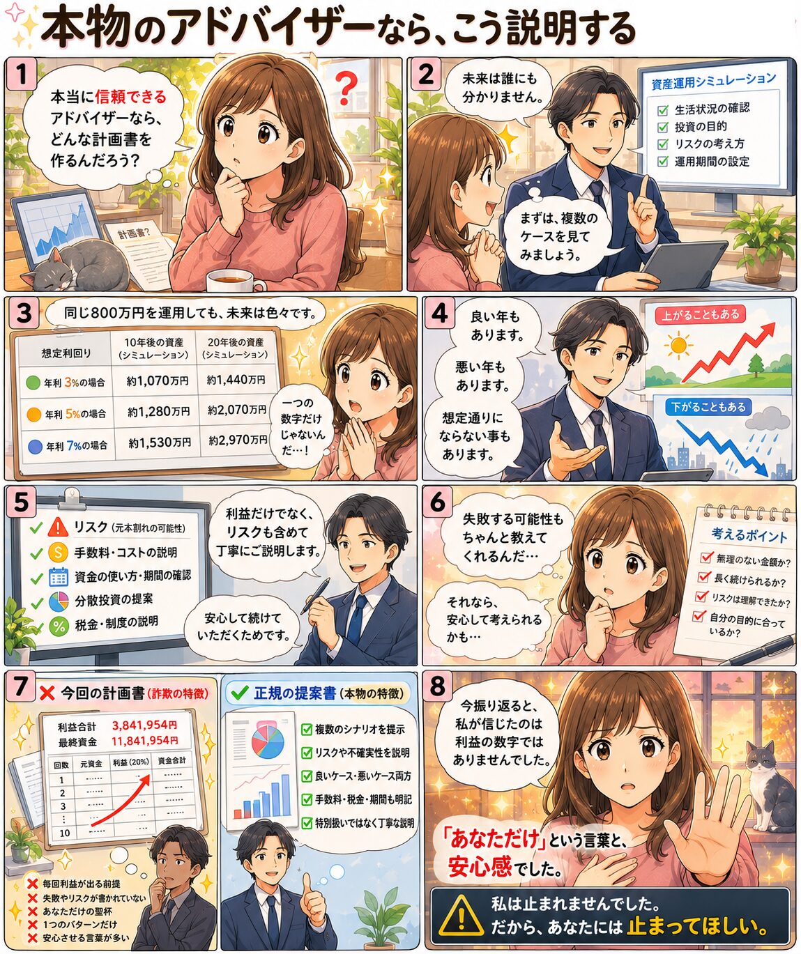 正規のアドバイザーなら複数シナリオやリスク、手数料、元本割れの可能性を説明することを示し、詐欺的な計画書との違いを比較した漫画