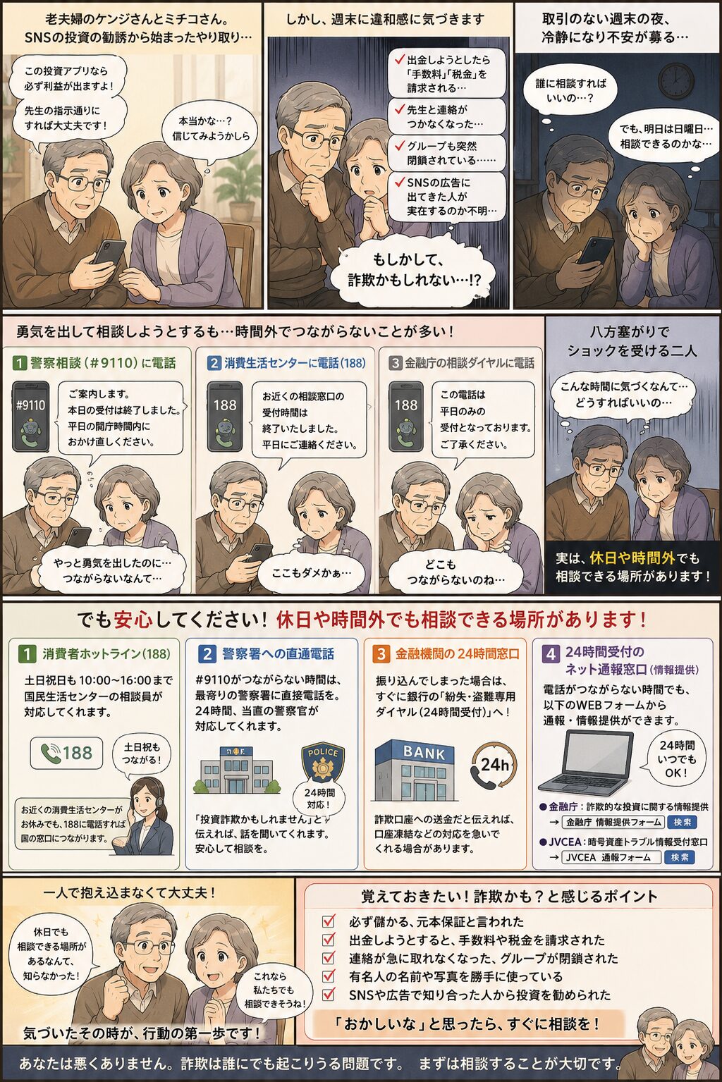 老夫婦が週末の夜に投資詐欺の可能性に気付き、相談窓口へ電話するも受付時間外の自動音声が流れて困惑している様子