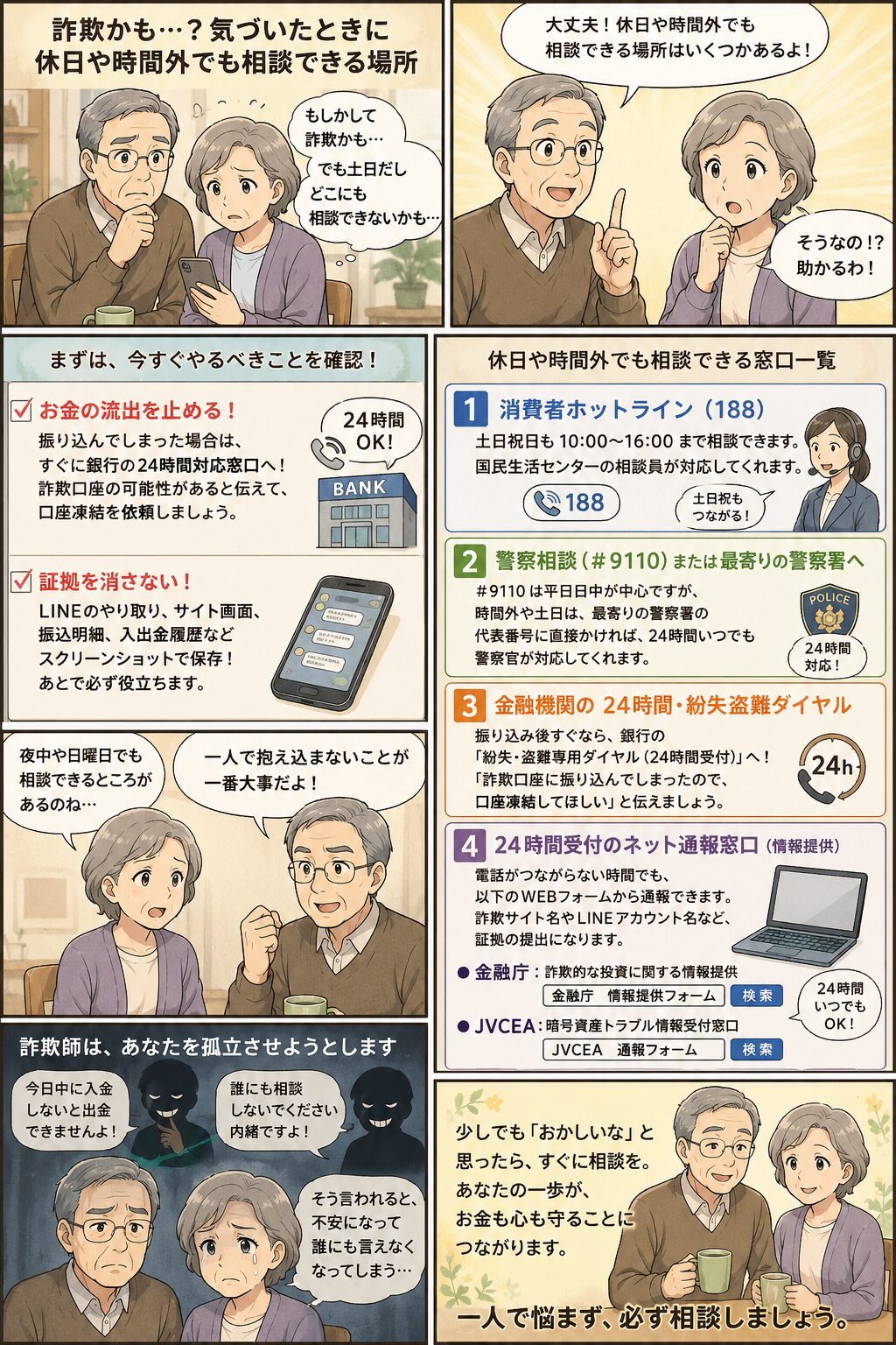週末や夜間でも相談できる窓口があることを知り安心する老夫婦の注意喚起漫画