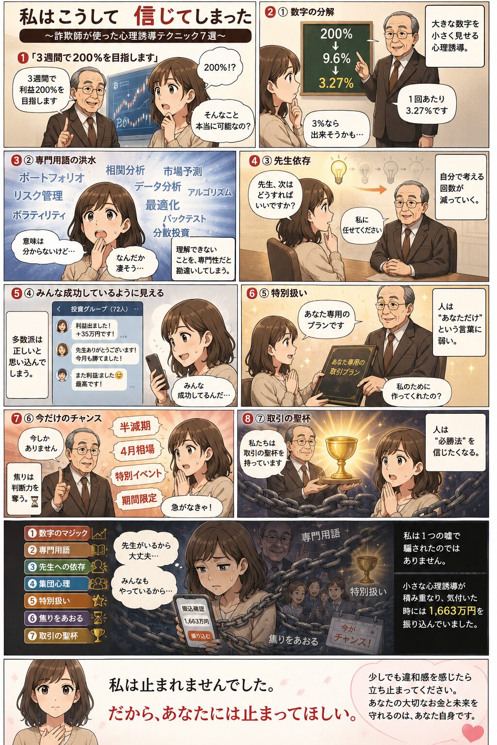 投資詐欺師が使う心理誘導テクニック7選を解説する漫画。3週間で200%、1回3.27%、専門用語、先生依存、集団心理、特別扱い、今だけのチャンス、取引の聖杯によって女性主人公が信じ込んでいく様子が描かれている。