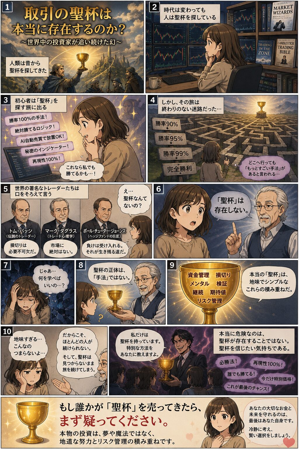 取引の聖杯は本当に存在するのかをテーマにした教育漫画。初心者が勝率100%の手法やAI自動売買、秘密のインジケーターを追いかける一方で、経験者が資金管理、損切り、検証、メンタル、期待値の重要性を伝えている。