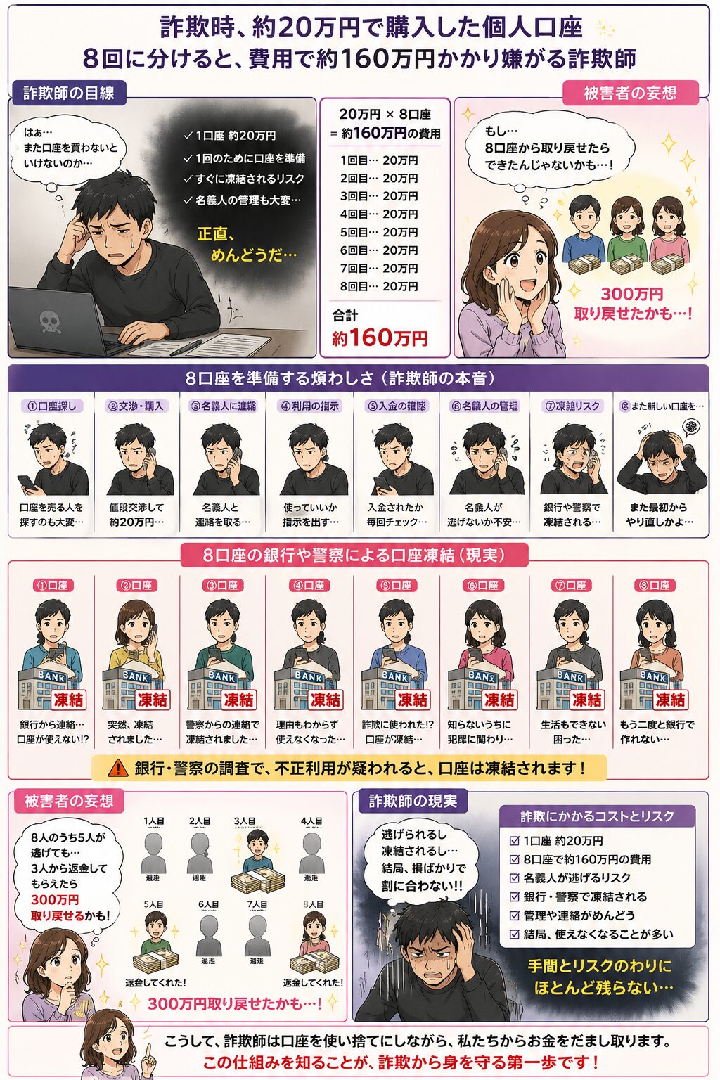 100万円ずつ8回に分けて振り込まれると、詐欺師が8つの個人口座を準備する費用や口座凍結リスクに困る様子を描いた注意喚起漫画