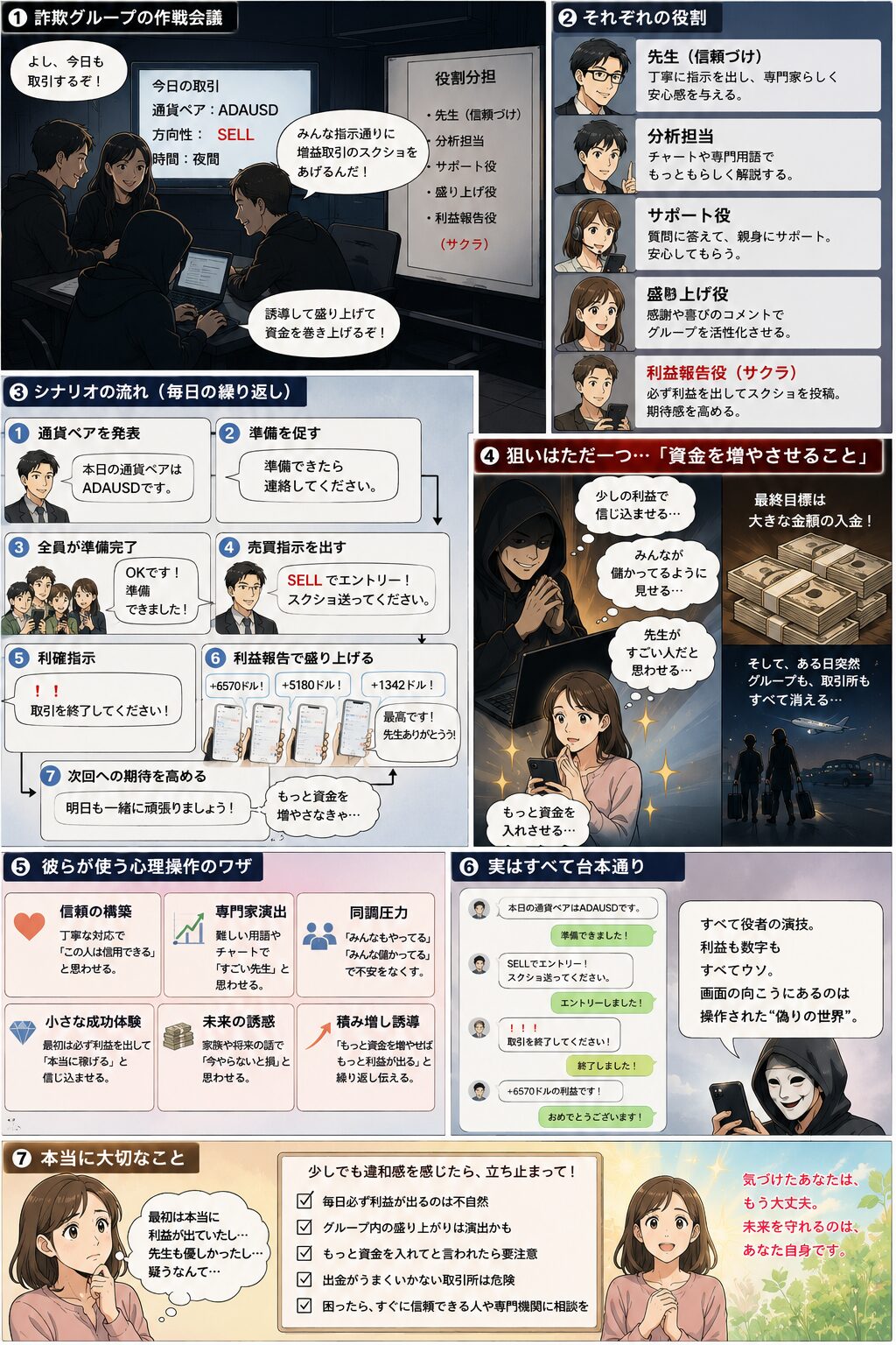 先生役、分析担当、サポート役、利益報告役が役割を分担し、LINE投資グループを盛り上げて追加資金へ誘導する心理操作の構造を描いた注意喚起漫画