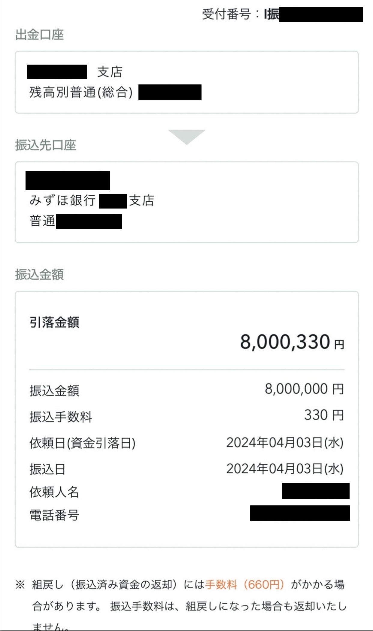 800万円を個人名義口座へ振り込んだ銀行の振込明細。SNS投資詐欺で高額送金してしまった実際の記録
