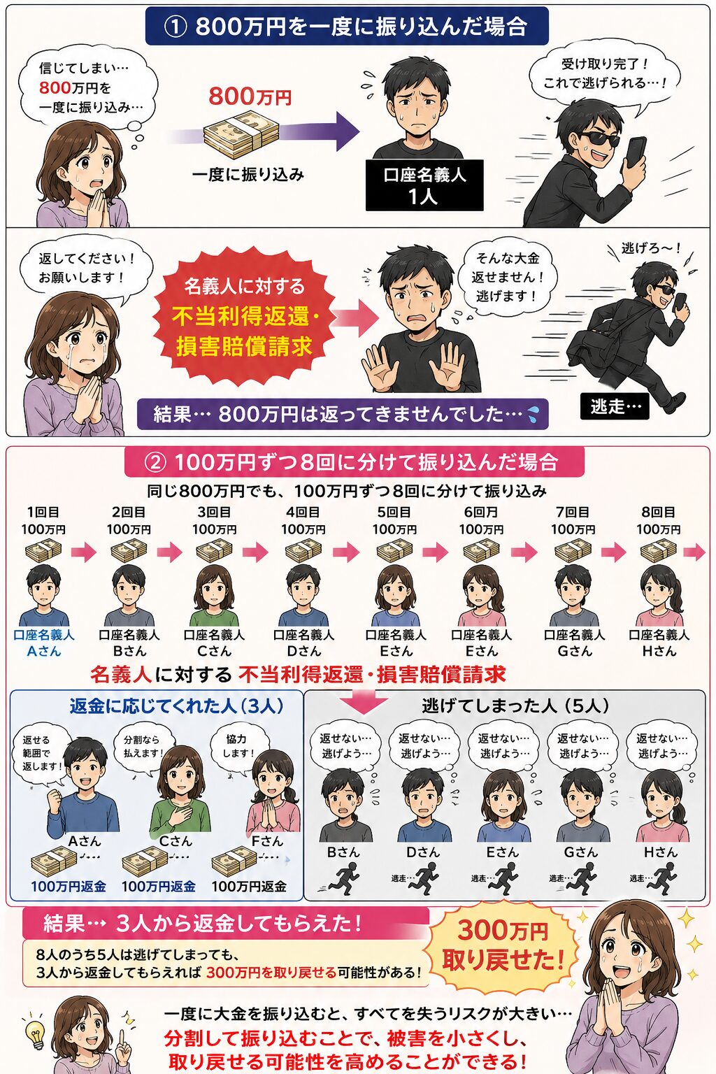 800万円を一度に振り込む場合と、100万円ずつ8回に分ける場合を比較し、口座名義人への不当利得返還や損害賠償請求の可能性を説明する漫画