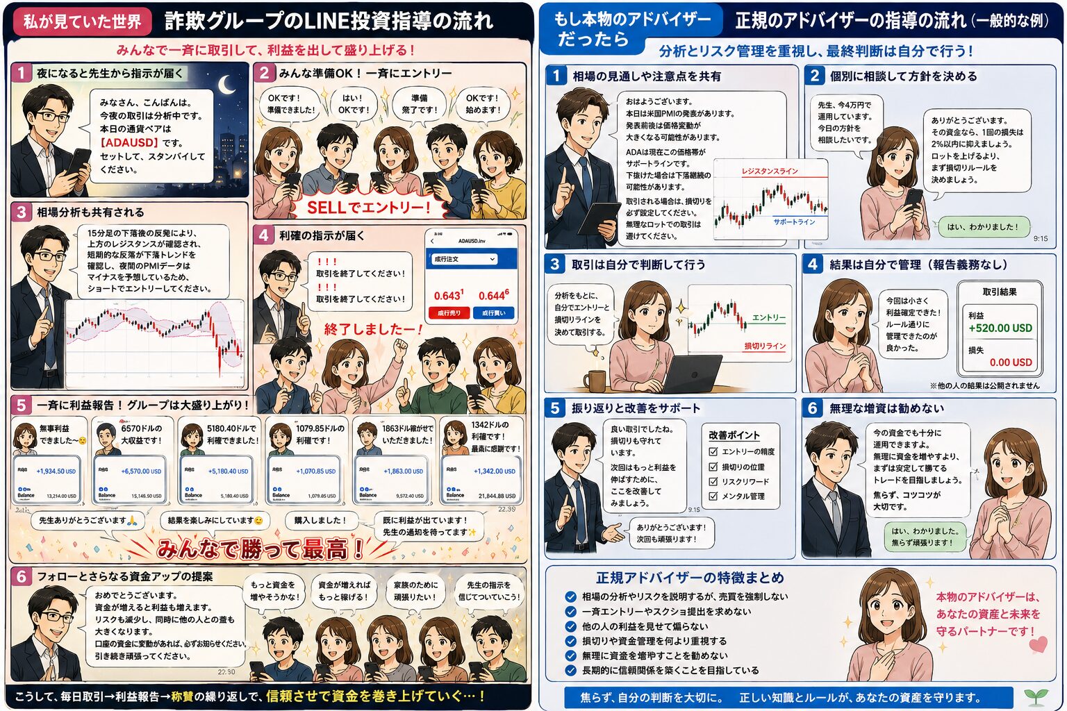 LINEで一斉売買と利益報告を促す投資グループと、リスク説明や損切り、本人の最終判断を重視する正規のアドバイザーを比較した漫画