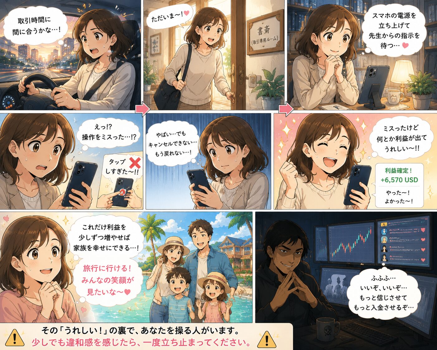 仕事帰りに取引時間へ間に合うよう車で帰宅し、LINEの取引指示を待って操作を間違えながらも利益を喜ぶ女性と、その様子を見ている詐欺師を描いた導入漫画