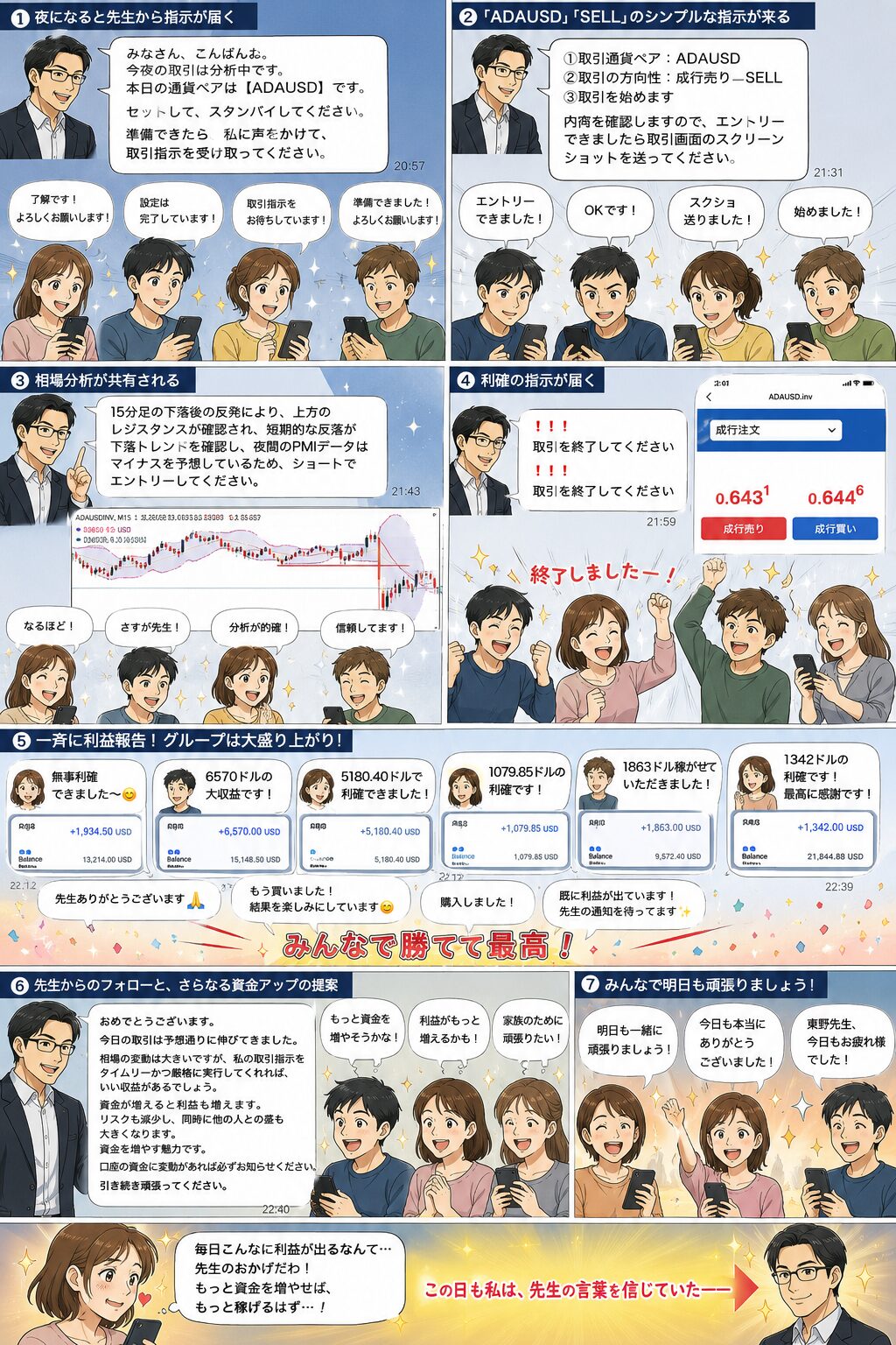 先生がADAUSDの売りを指示し、参加者が一斉に取引を開始して利益確定後に歓喜するまでのLINE投資グループの流れを描いた漫画