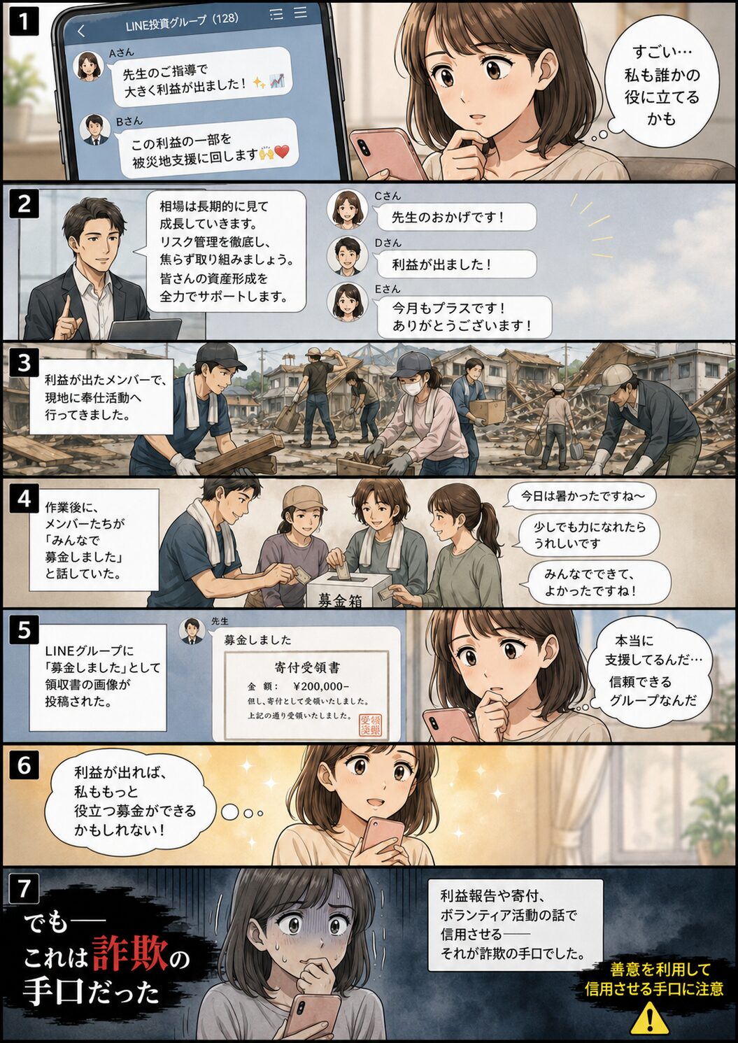 投資グループの先生の指導で利益が出たメンバーが被災地で奉仕活動と募金を行い、寄付受領書を投稿したことで女性が信用した後、善意を利用した詐欺の手口だと知る漫画