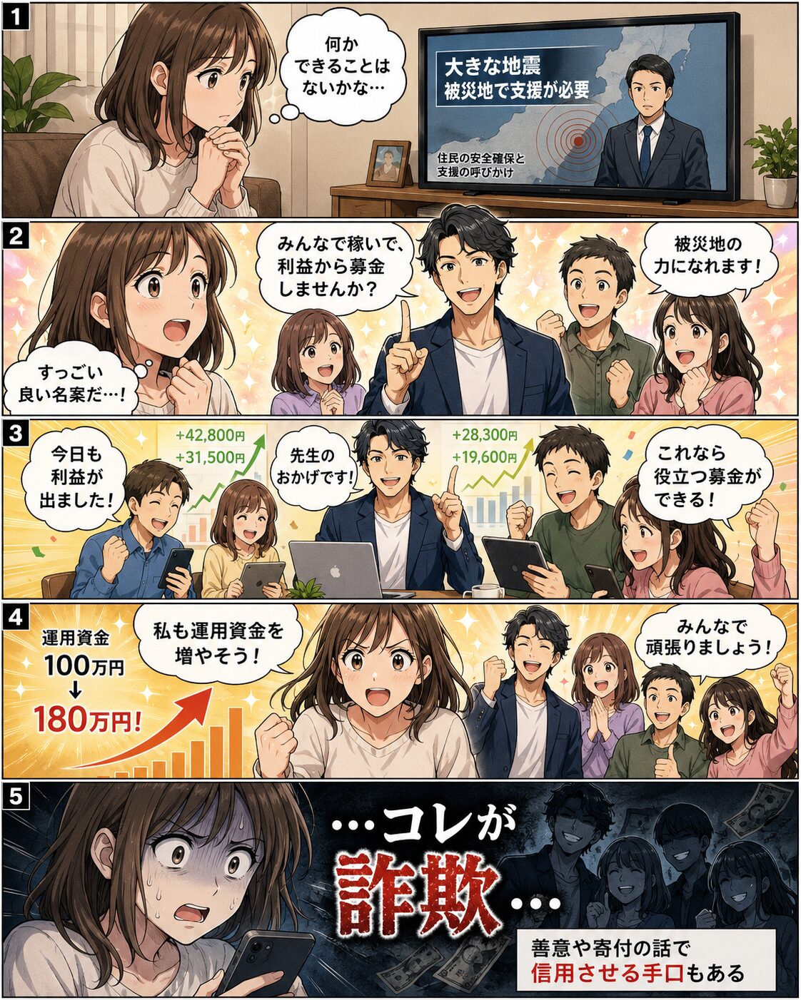 地震のニュースを見て支援方法を考えていた女性が、投資グループから利益を募金に回そうと誘われ、運用資金を増やした後に詐欺だったと知る導入漫画