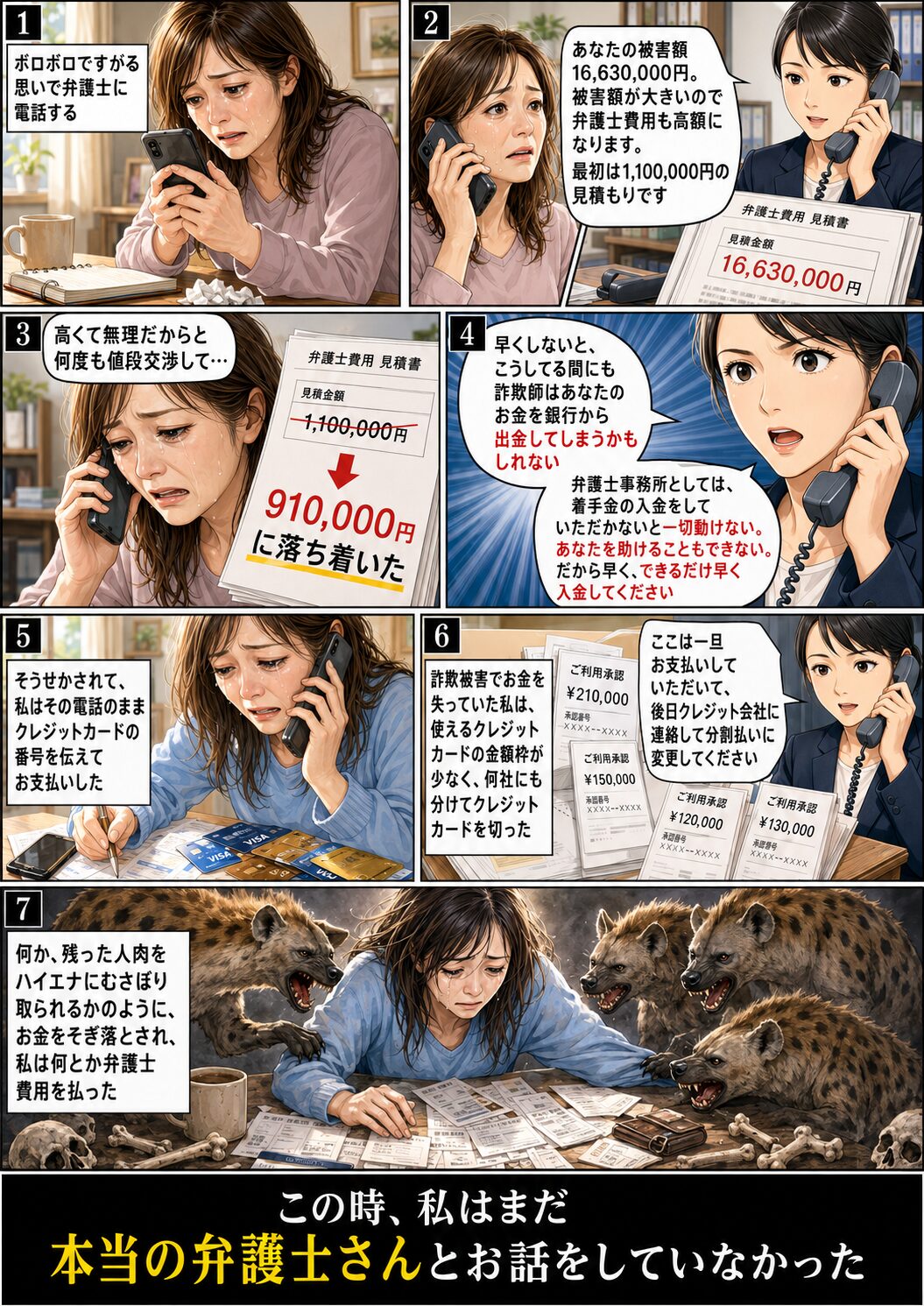 弁護士本人から説明を受ける前に高額な着手金を支払った経緯を伝える注意喚起漫画
