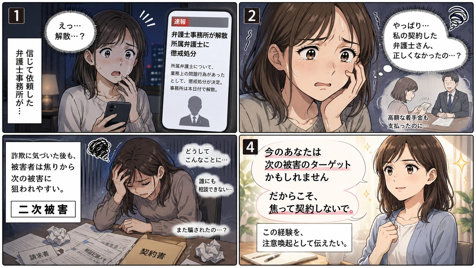 投資詐欺の被害回復を依頼した弁護士が業務停止となり、弁護士法人も解散した事実を知って動揺する被害者を描いた注意喚起漫画