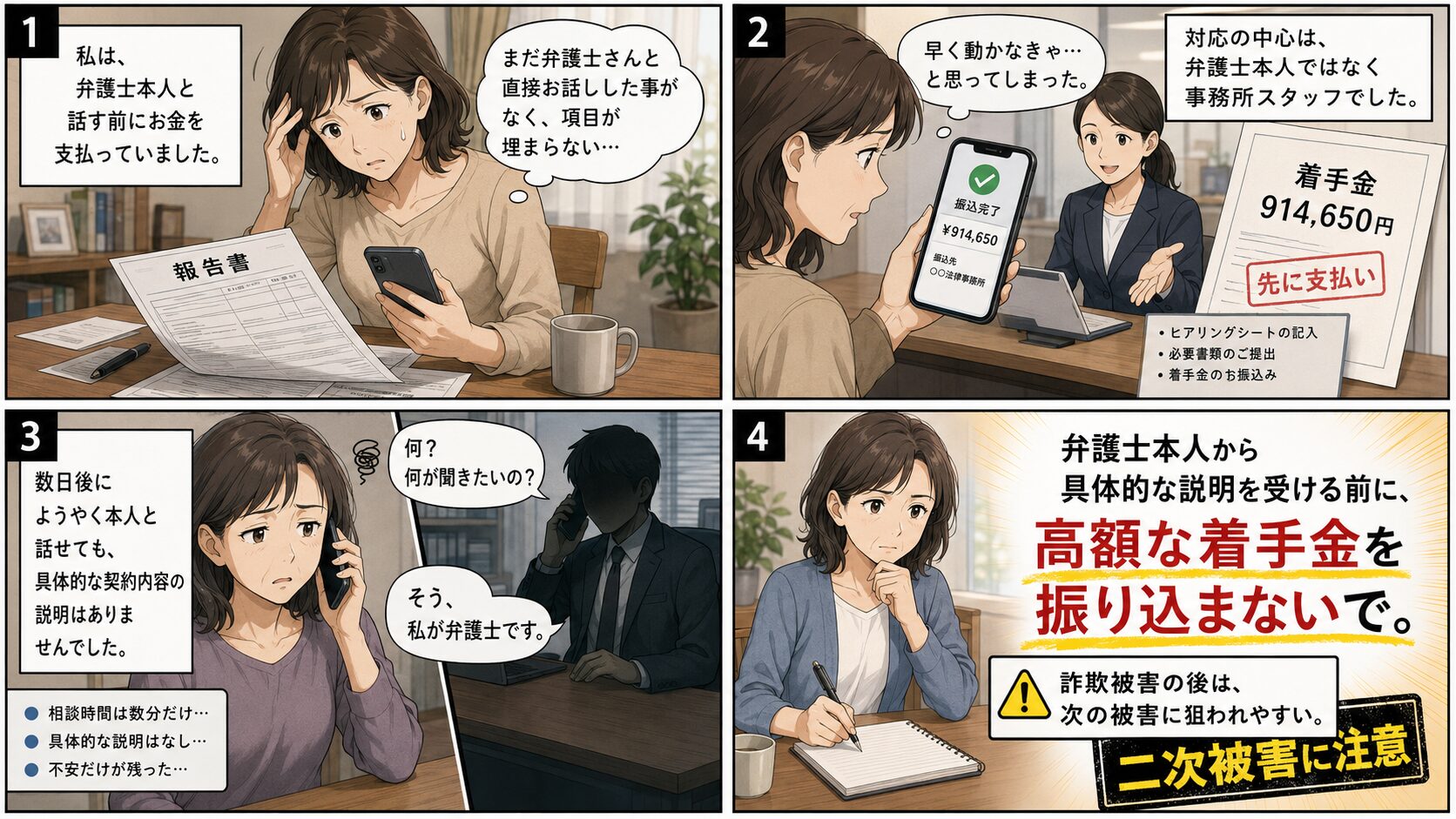 投資詐欺被害者が弁護士本人から具体的な説明を受ける前に高額な着手金を支払い、後から短時間だけ弁護士と話した経緯を説明する漫画