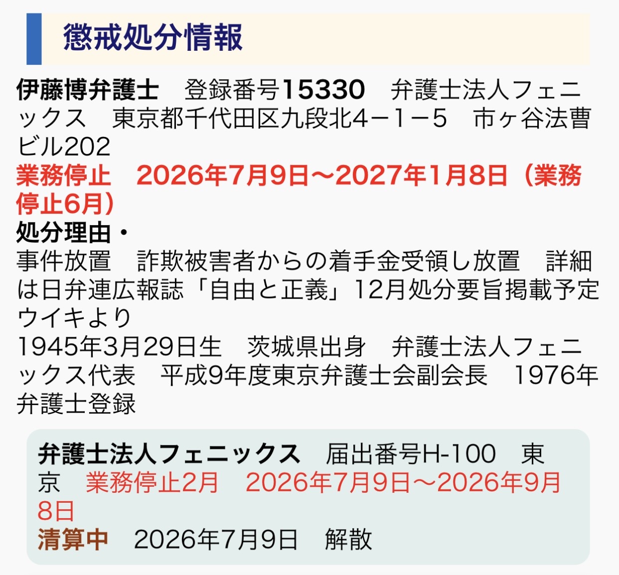 伊藤博弁護士の登録番号15330、業務停止6か月、弁護士法人フェニックスの解散に関する懲戒処分情報