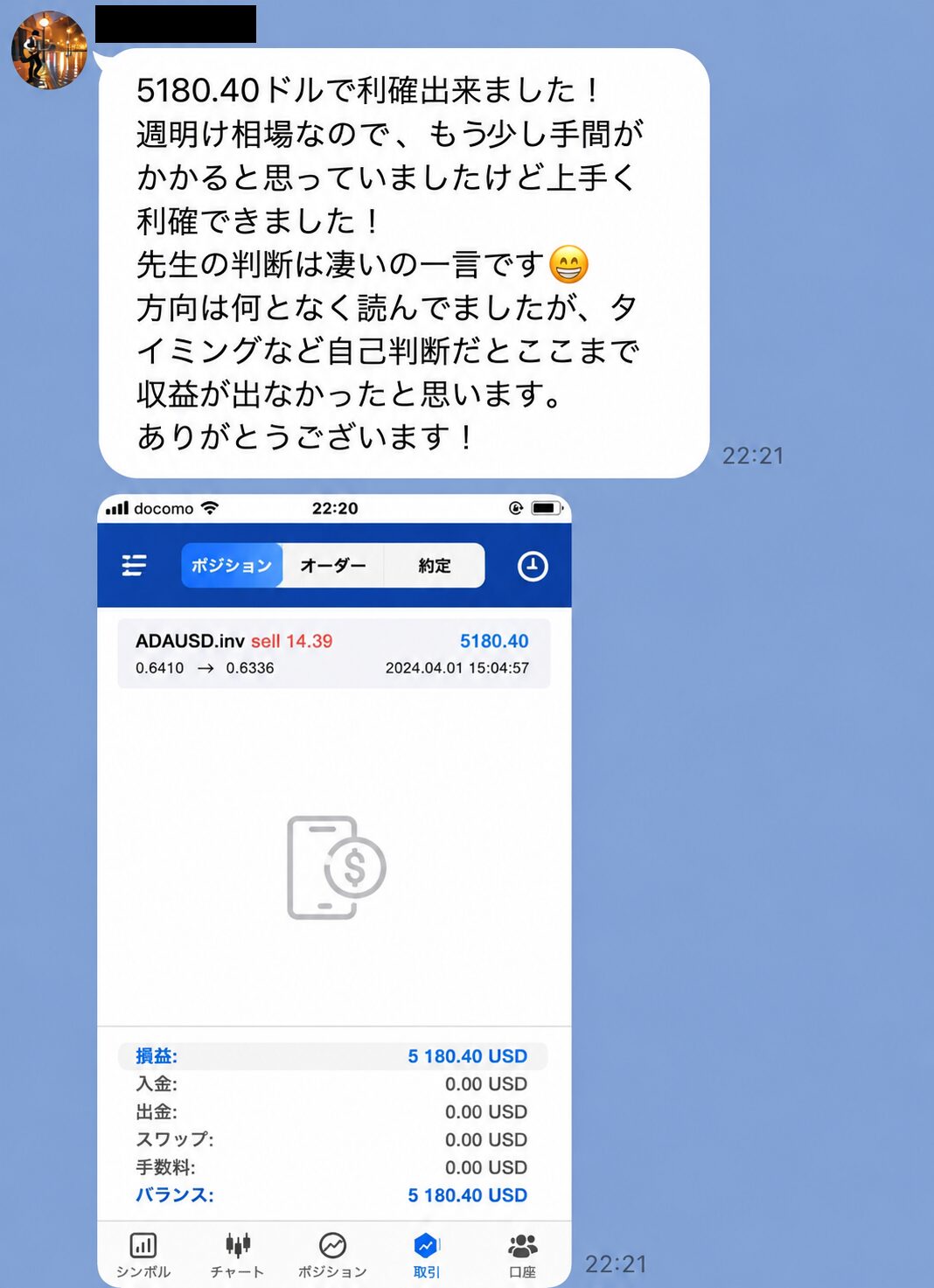 参加者が5180.40ドルの利益画面を投稿し、先生の判断で利益確定できたと喜んでいるLINE記録