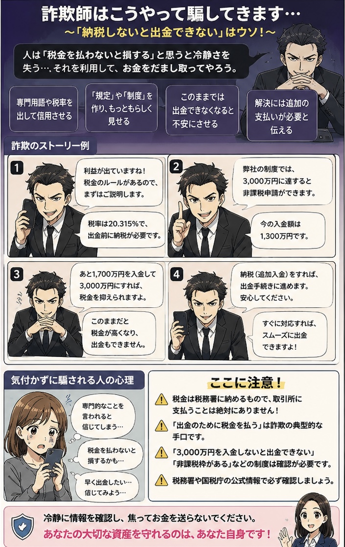 暗号資産の利益を出金するには税金が必要だと説明し、不安や専門知識への信頼を利用して追加送金へ誘導する詐欺の心理を描いた注意喚起漫画