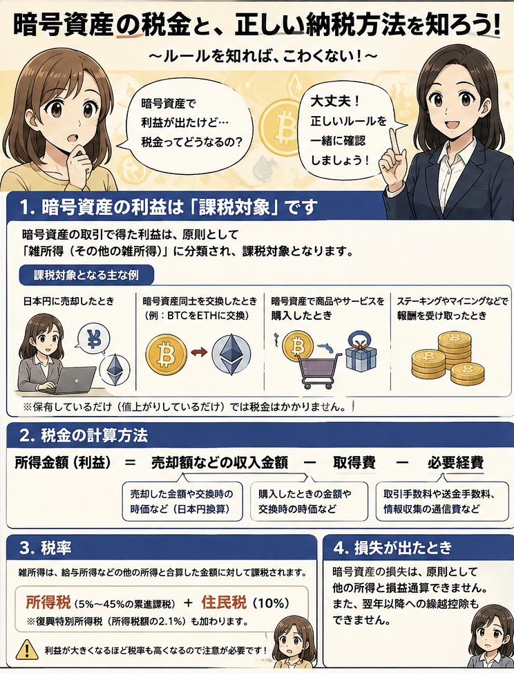 暗号資産の課税対象となる主な取引と、取引履歴の保存、年間所得の計算、確定申告、納税までの正しい基本的な流れを解説した漫画