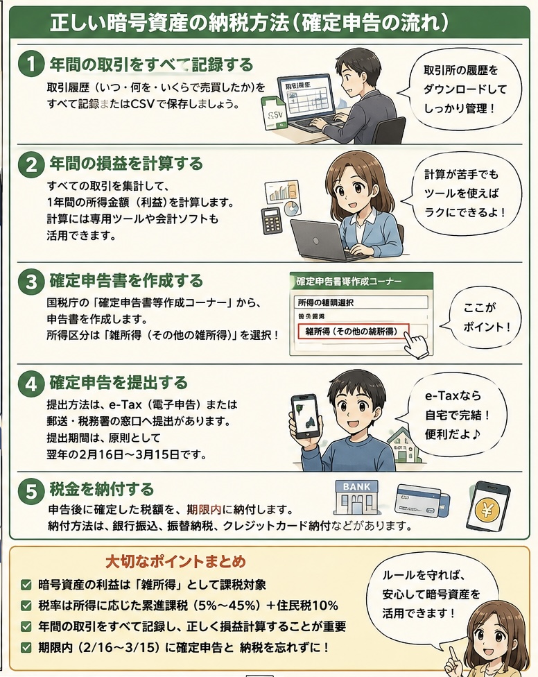 暗号資産の課税対象となる主な取引と、取引履歴の保存、年間所得の計算、確定申告、納税までの正しい基本的な流れを解説した漫画