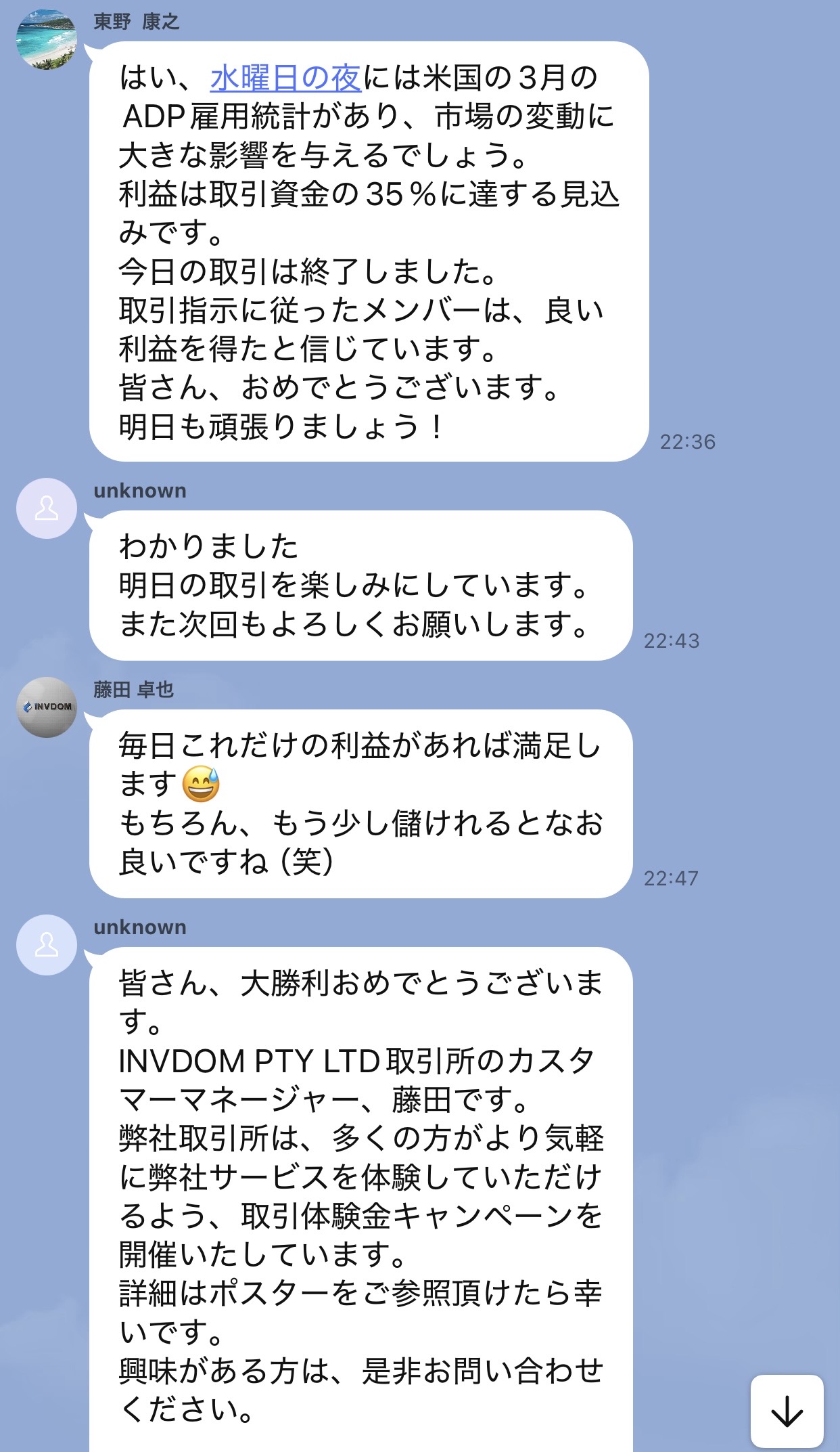 LINE投資グループで東野康之と表示されたアカウントがADP雇用統計を理由に取引資金の35％の利益見込みと投稿し、その後unknownアカウントが藤田ですと名乗り取引体験金キャンペーンを案内している場面