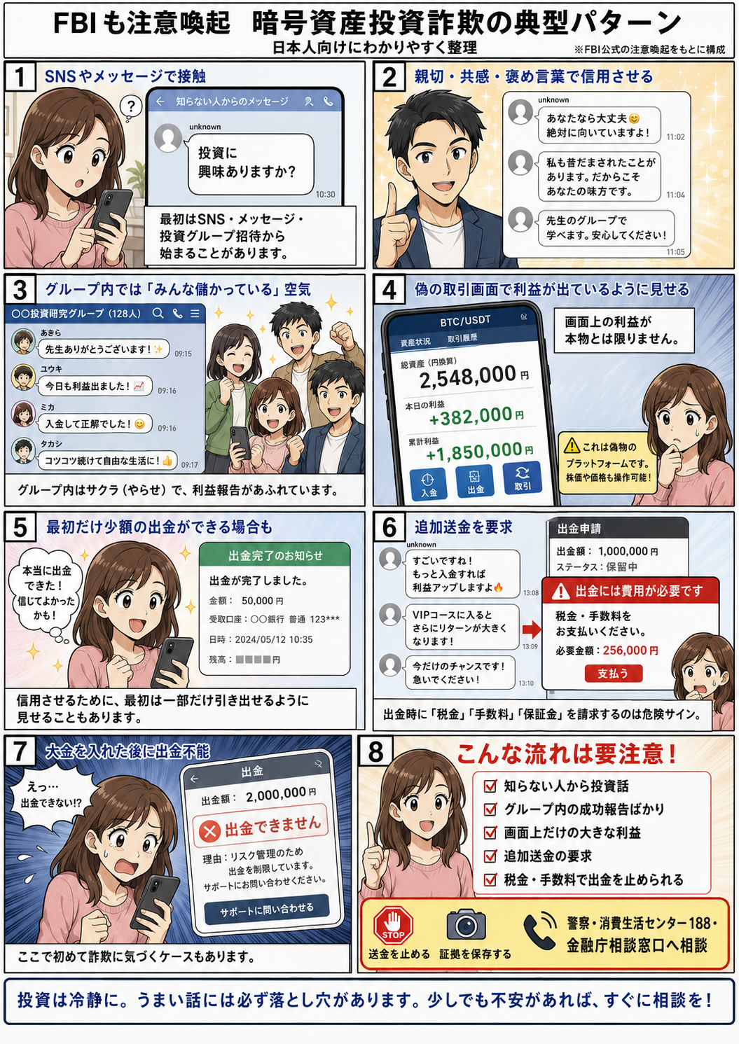 FBIが注意喚起する暗号資産投資詐欺について、SNSでの接触、信頼構築、投資グループの利益報告、偽取引画面、少額出金、追加送金要求、出金不能までを日本人向けに整理した注意喚起漫画