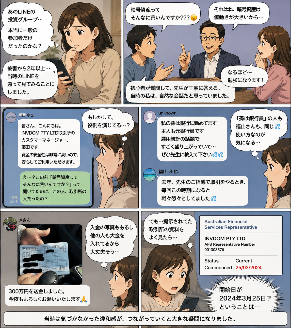 LINE投資詐欺の過去ログを被害者が読み返し、初心者役、取引所担当者、高額入金報告、銀行員の家族という発言など複数の違和感に気づいていく導入漫画