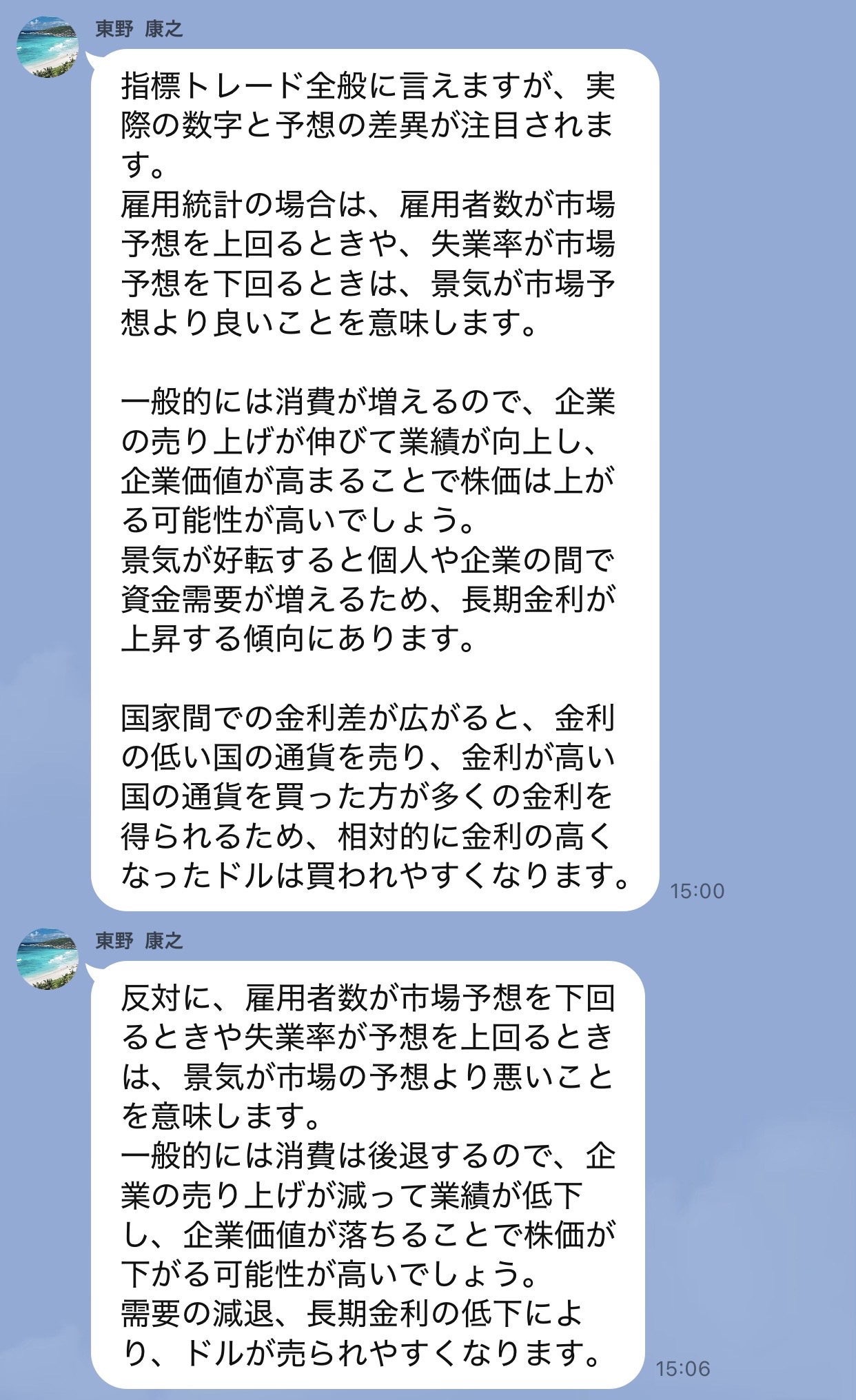 米国雇用統計の結果と株式市場、為替、暗号資産の関係について先生役が説明し、参加者が内容を理解したと返答しているLINE投資グループ