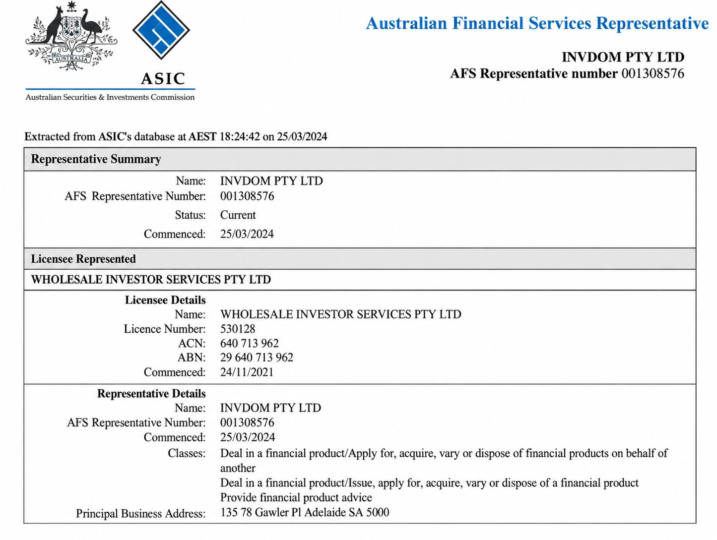 INVDOM PTY LTDのAustralian Financial Services Representative資料で、AFS Representative Number 001308576、Status Current、Commenced 25/03/2024と記載されているASIC資料