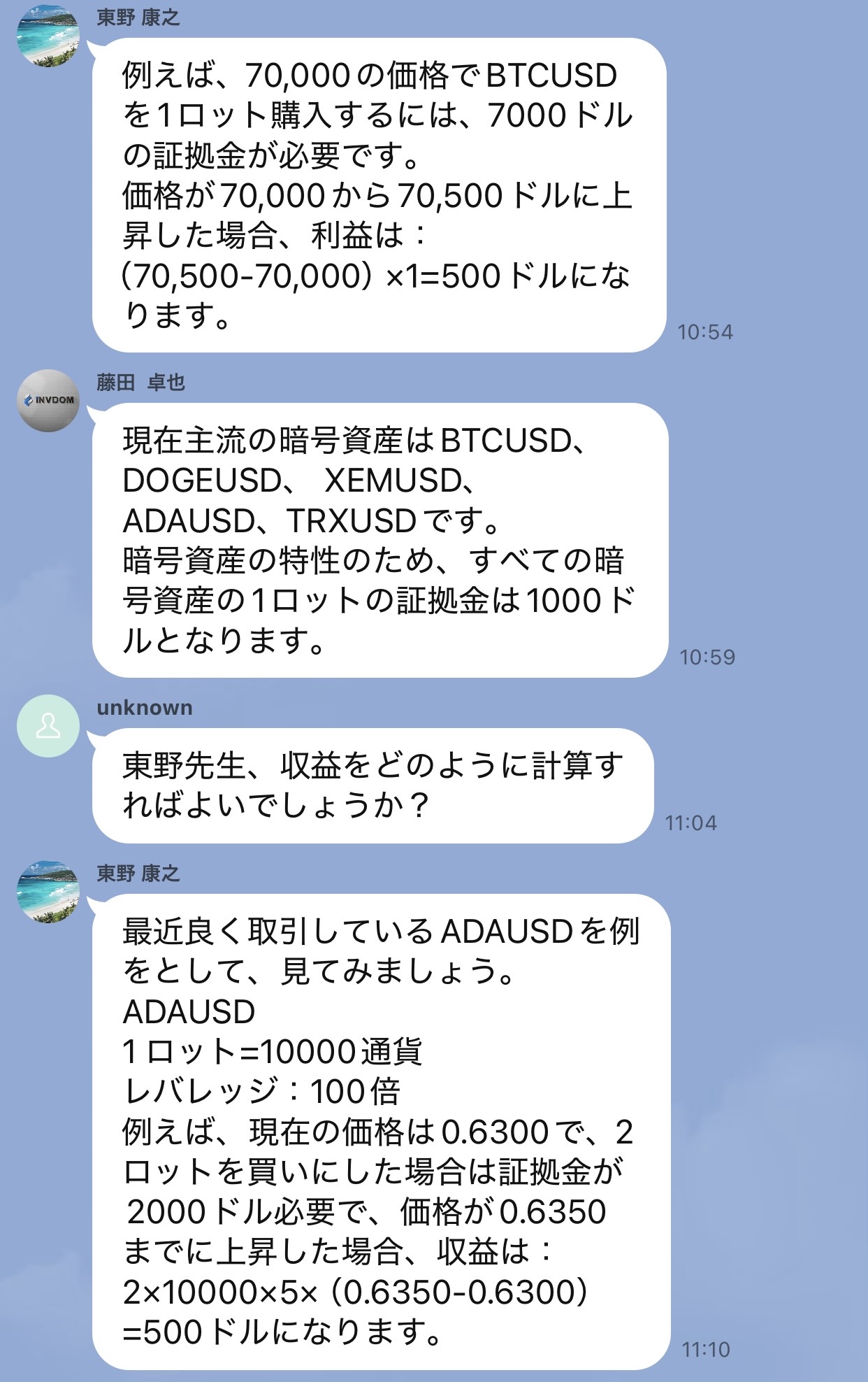 BTCUSDを例に契約金額と100倍のレバレッジ、必要証拠金を具体的な数字で説明するLINE投資グループの会話