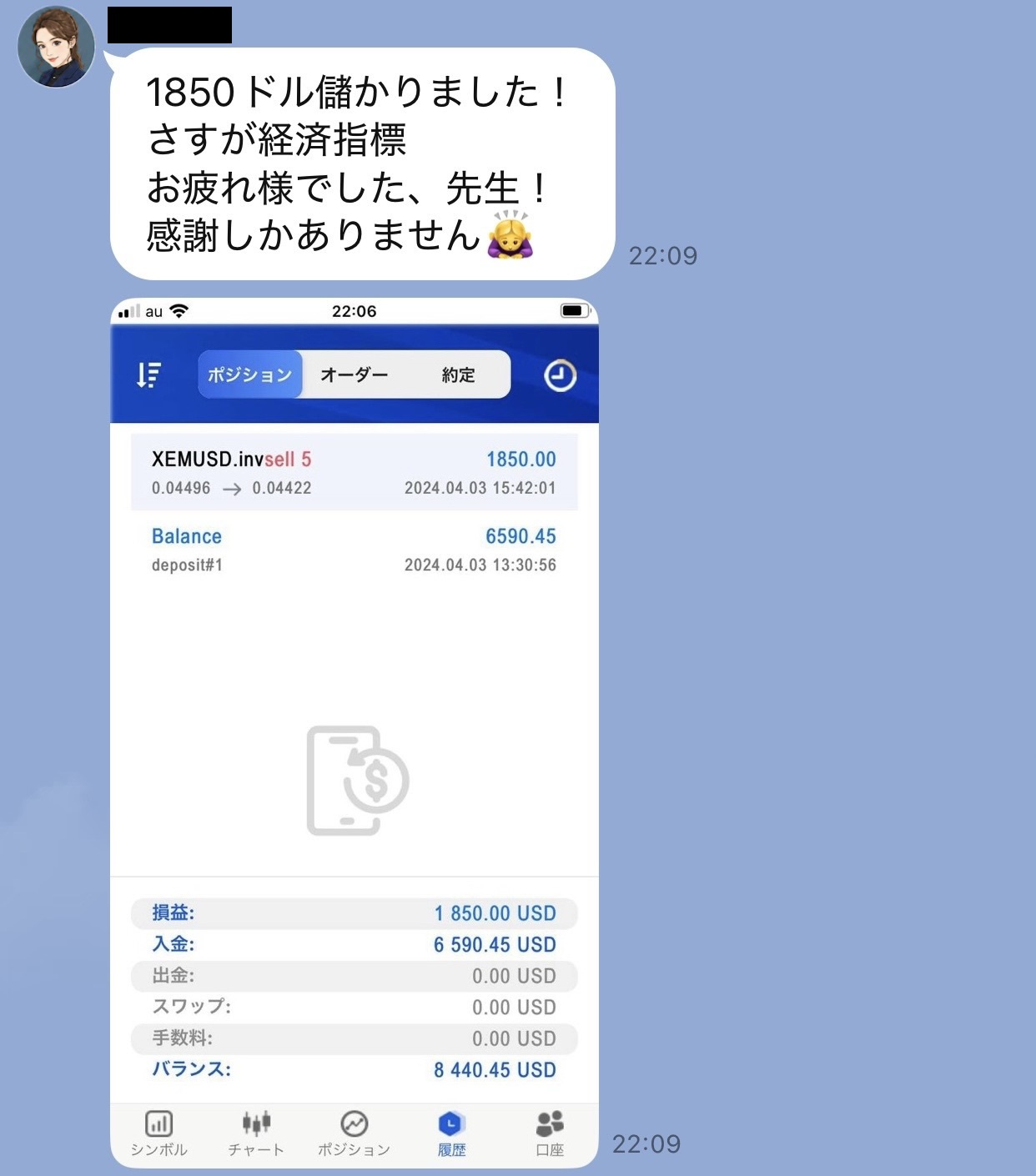 1850ドルの利益が出たと報告する参加者とXEMUSDの取引画面が投稿されたLINE記録