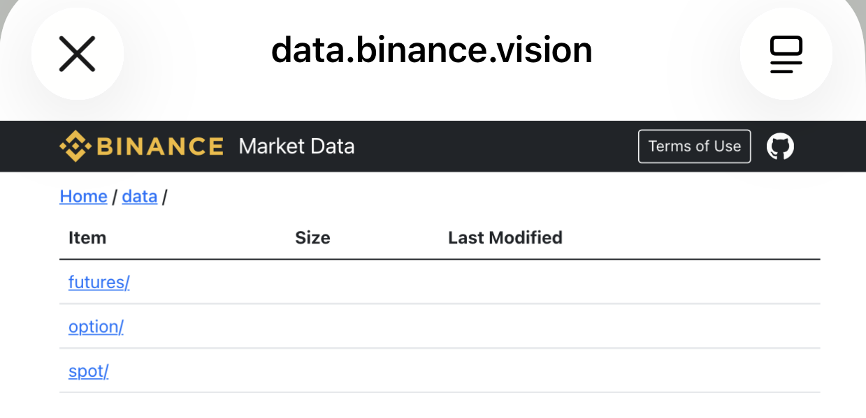 Binanceの公開マーケットデータからXEMの過去価格を調査したスマートフォン画面