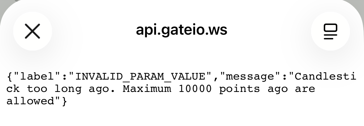 GateのAPIで過去のXEMローソク足データを取得しようとした際に表示されたエラー画面