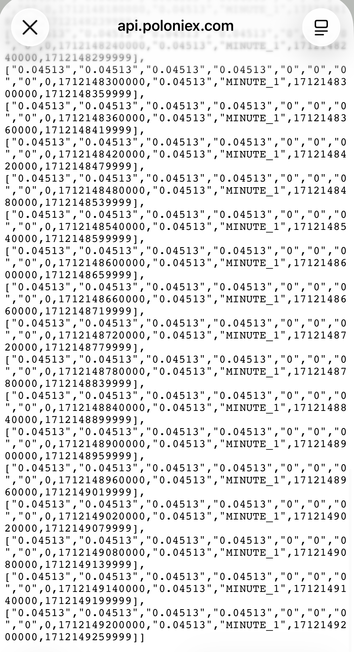 Poloniex APIで取得したXEM_USDTの過去ローソク足データを確認した画面