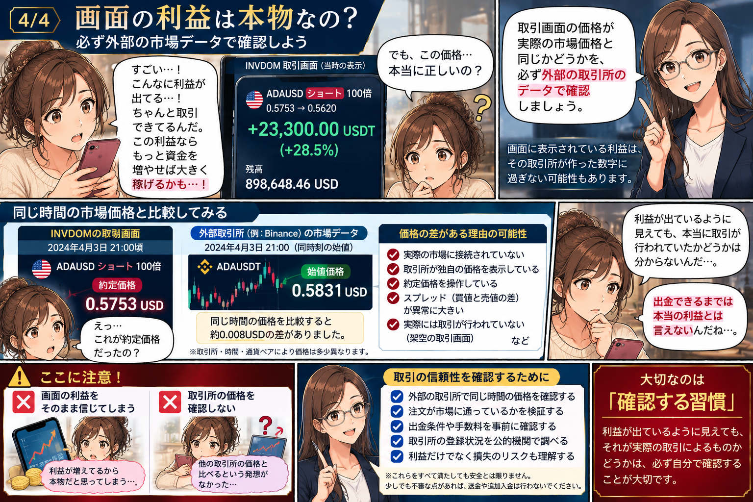取引画面の利益表示と独立した市場価格、取引履歴、出金条件の確認方法を説明する漫画