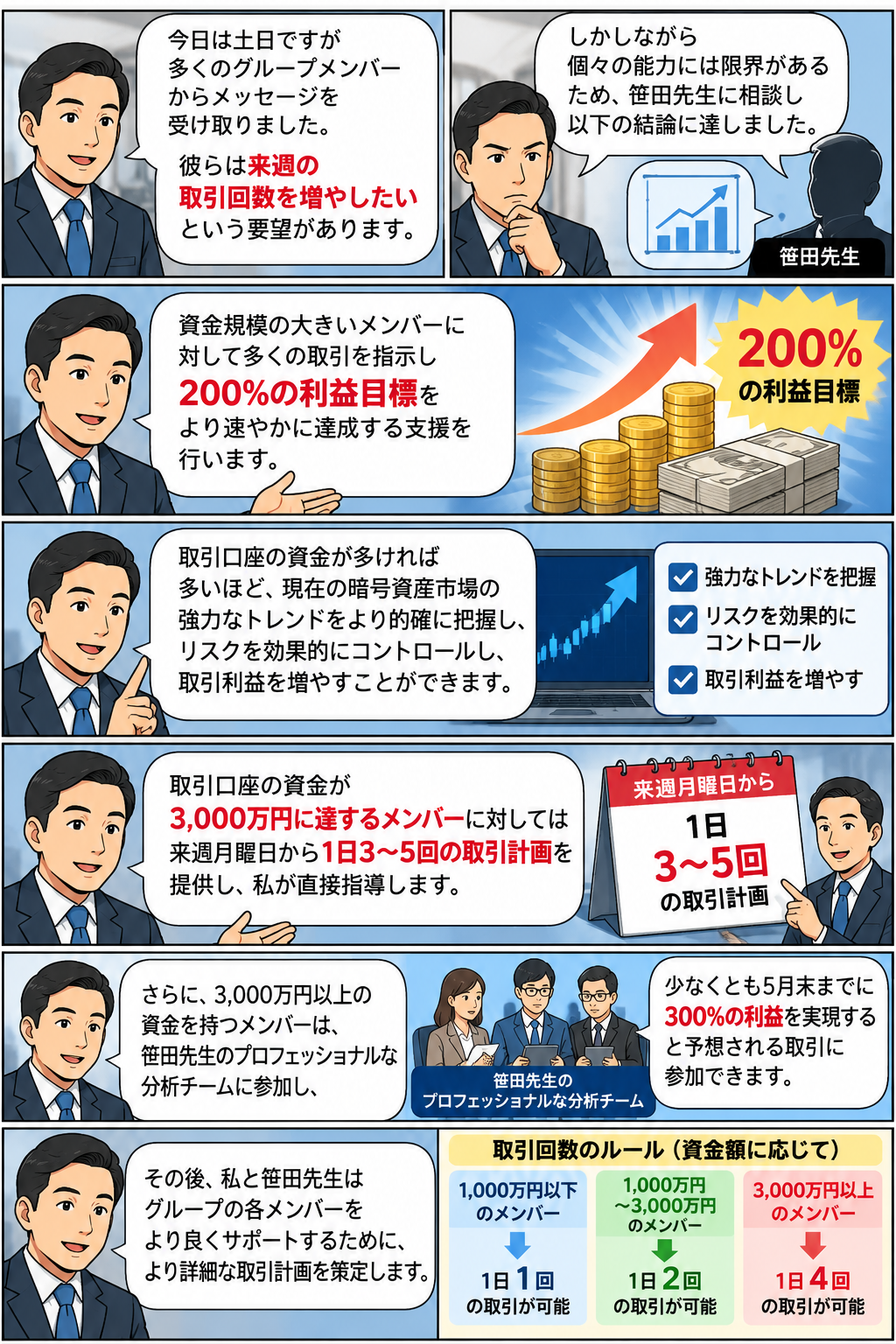 藤田氏がLINEで説明した200%の利益目標、3000万円以上の資金による取引回数増加、専門チームの支援をまとめた漫画