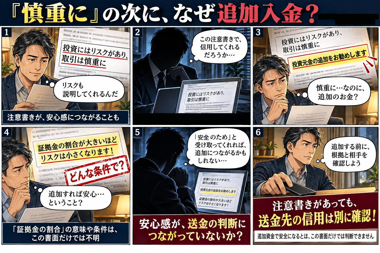 慎重な取引を促す注意書きと追加資金の推奨を並べ、安全への安心感が送金判断につながっていないか問いかける注意喚起漫画