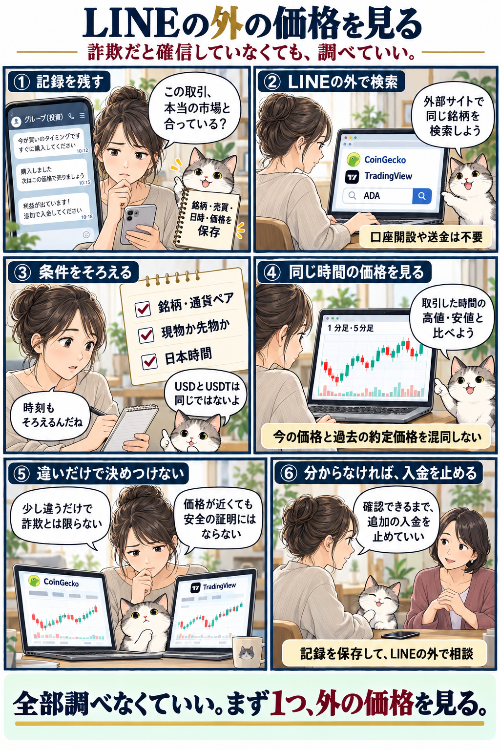 記録の保存、外部サイトの検索、商品と時刻の確認、価格照合、追加の入金を止めるまでを猫が案内する6コマ漫画