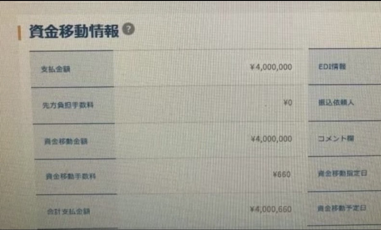 400万円と表示された資金移動情報の画像
