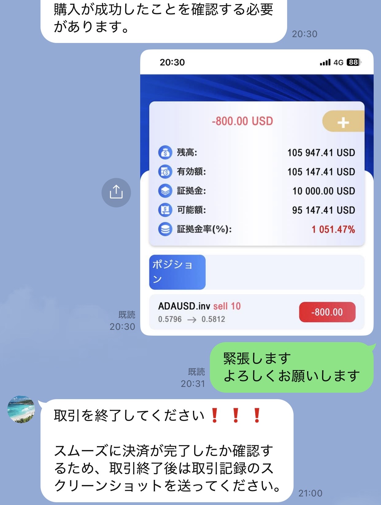 ADAUSDの売り取引にマイナス800ドルが表示され、私の緊張する返信の後に21時00分の終了指示が届いた記録