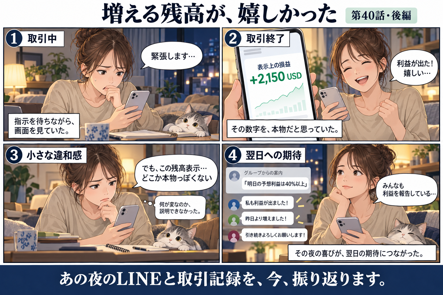 取引中の緊張、表示上の利益への喜び、残高への違和感、翌日の40%への期待を描いた後編の導入漫画