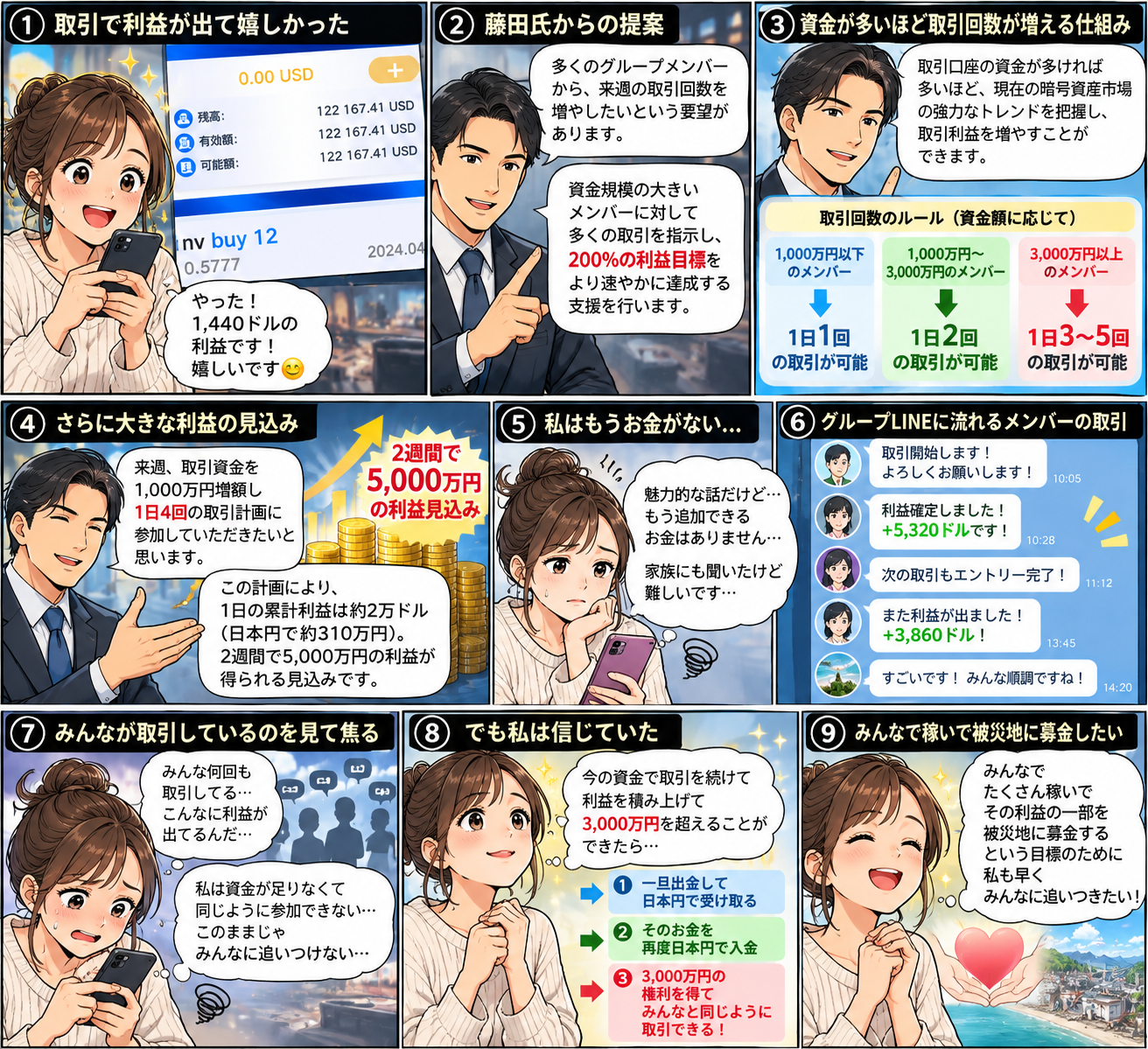 追加資金がないナナがグループLINEの取引通知を見て焦りながらも、利益を増やして仲間と被災地に募金する未来を信じていた様子を描いた漫画